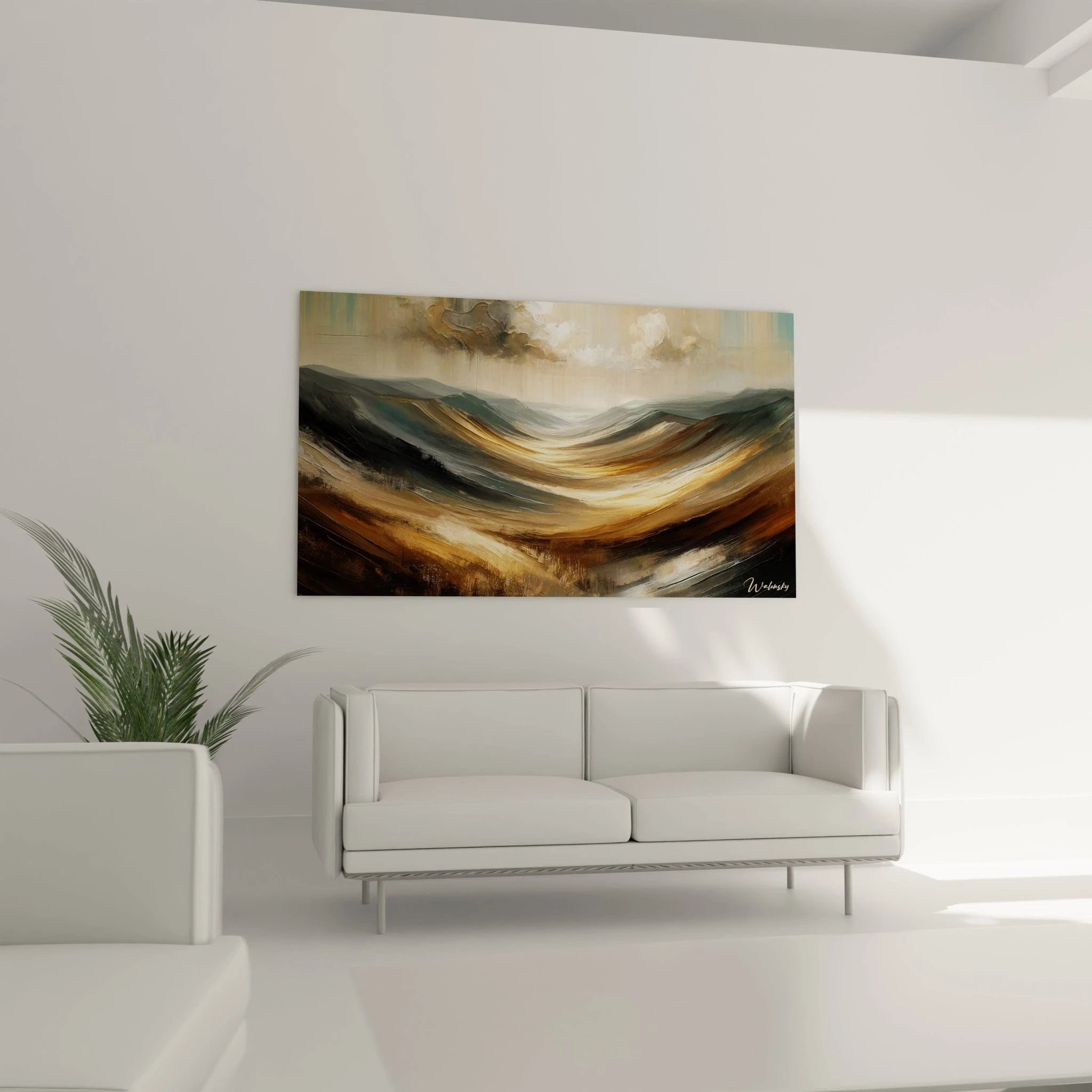 Un tableau abstrait de canyon lumineux entre montagnes. Les couleurs principales sont ambre, gris ardoise, blanc ivoire et brun sépia. La texture montre des coups de pinceau dynamiques et fluides formant une dépression centrale dorée encadrée par des reliefs plus foncés, surplombés par un ciel nuageux aux percées lumineuses.
