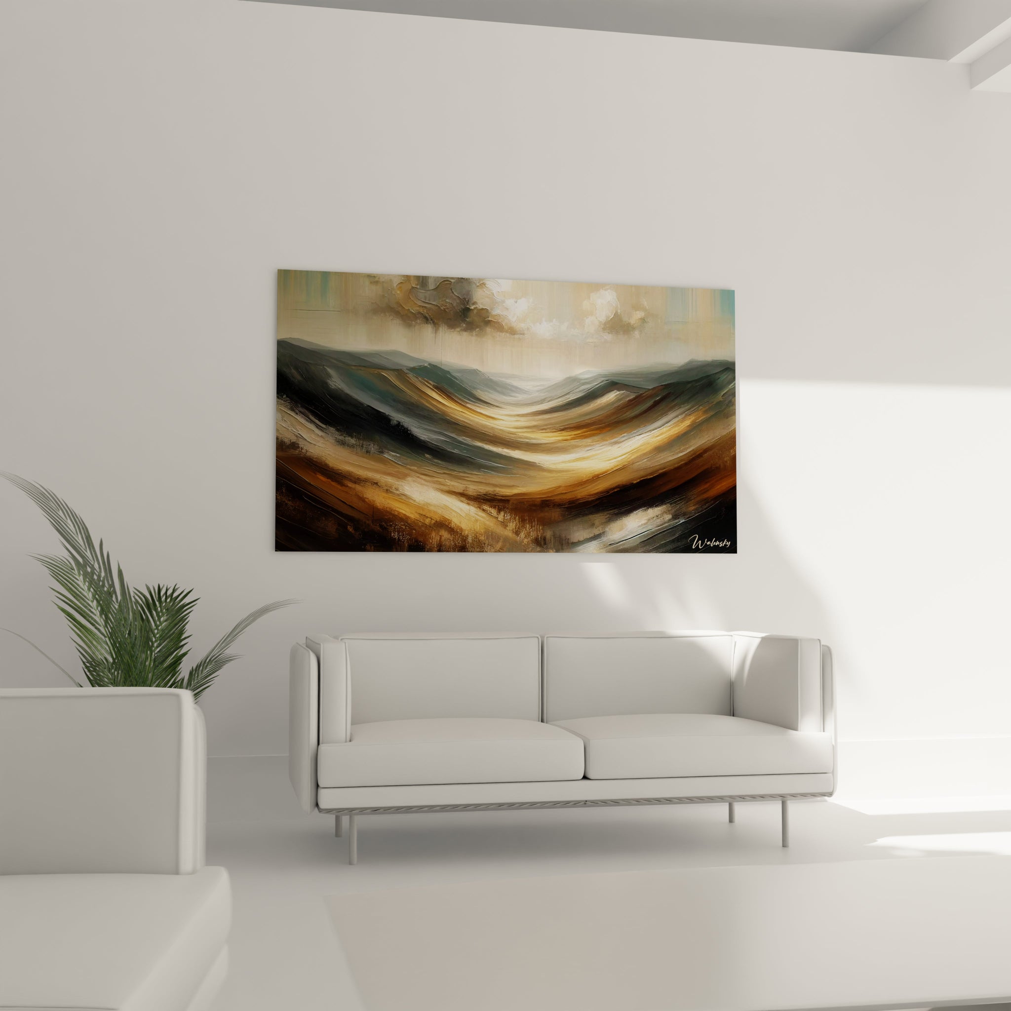 Un tableau abstrait de canyon lumineux entre montagnes. Les couleurs principales sont ambre, gris ardoise, blanc ivoire et brun sépia. La texture montre des coups de pinceau dynamiques et fluides formant une dépression centrale dorée encadrée par des reliefs plus foncés, surplombés par un ciel nuageux aux percées lumineuses.
