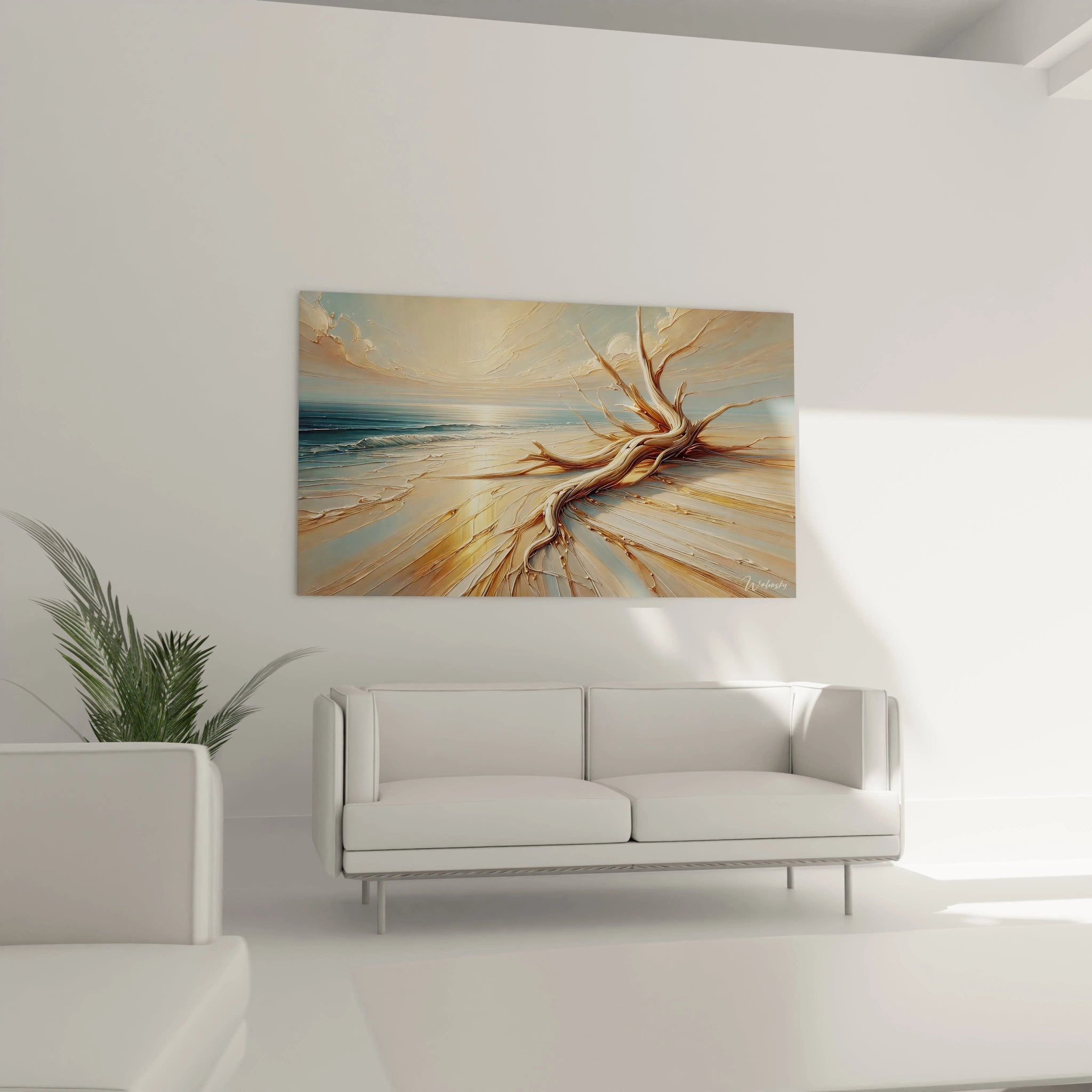 Ce tableau Plage embellit votre salon, accroché au-dessus du canapé. Ses couleurs or, bleu et beige apportent une atmosphère méditative, invitant à contempler les paysages marins.

