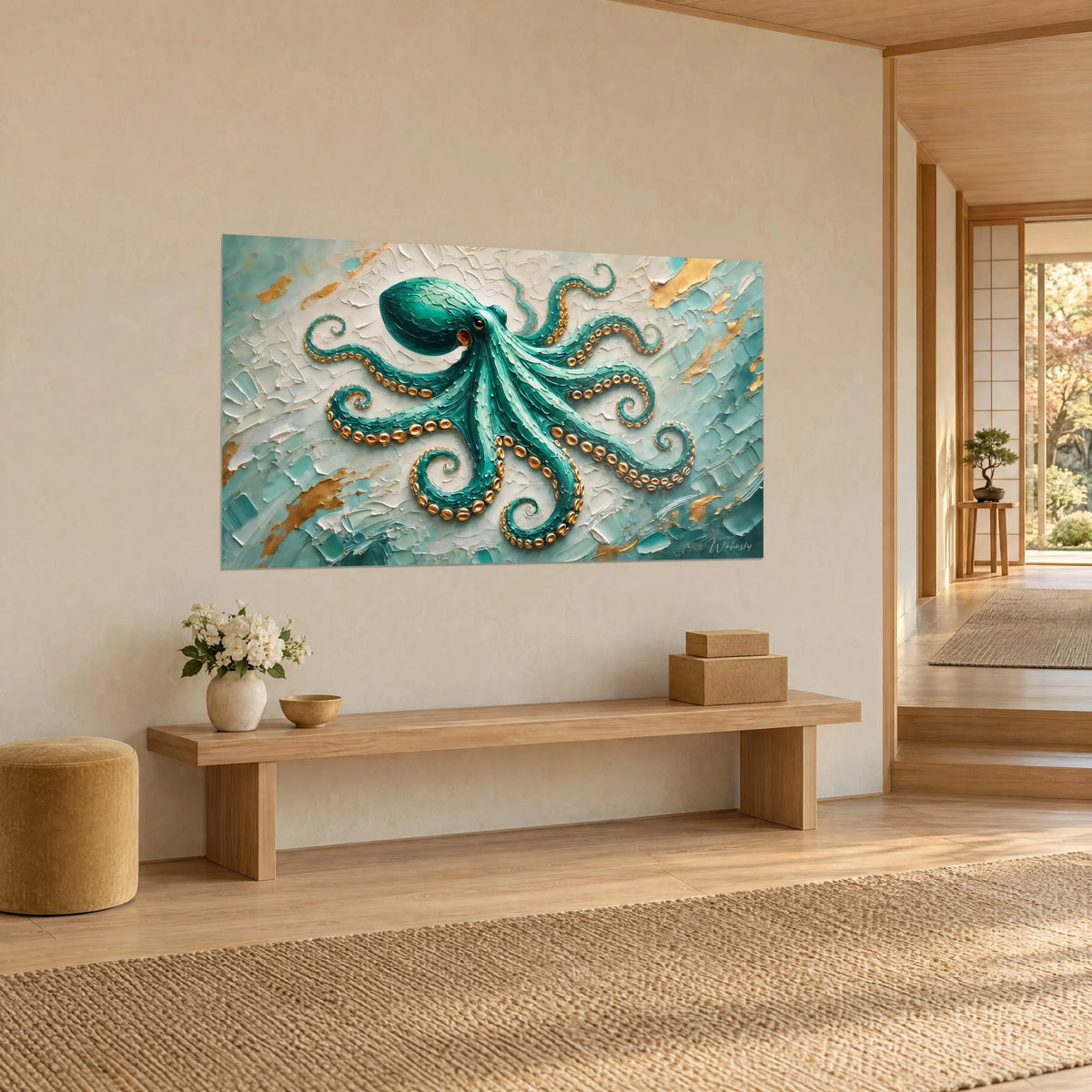 Tableau céphalopode vert jade aux coups de spatule épais, éclats d'or sur fond turquoise pâle, mur beige et banc en bois clair