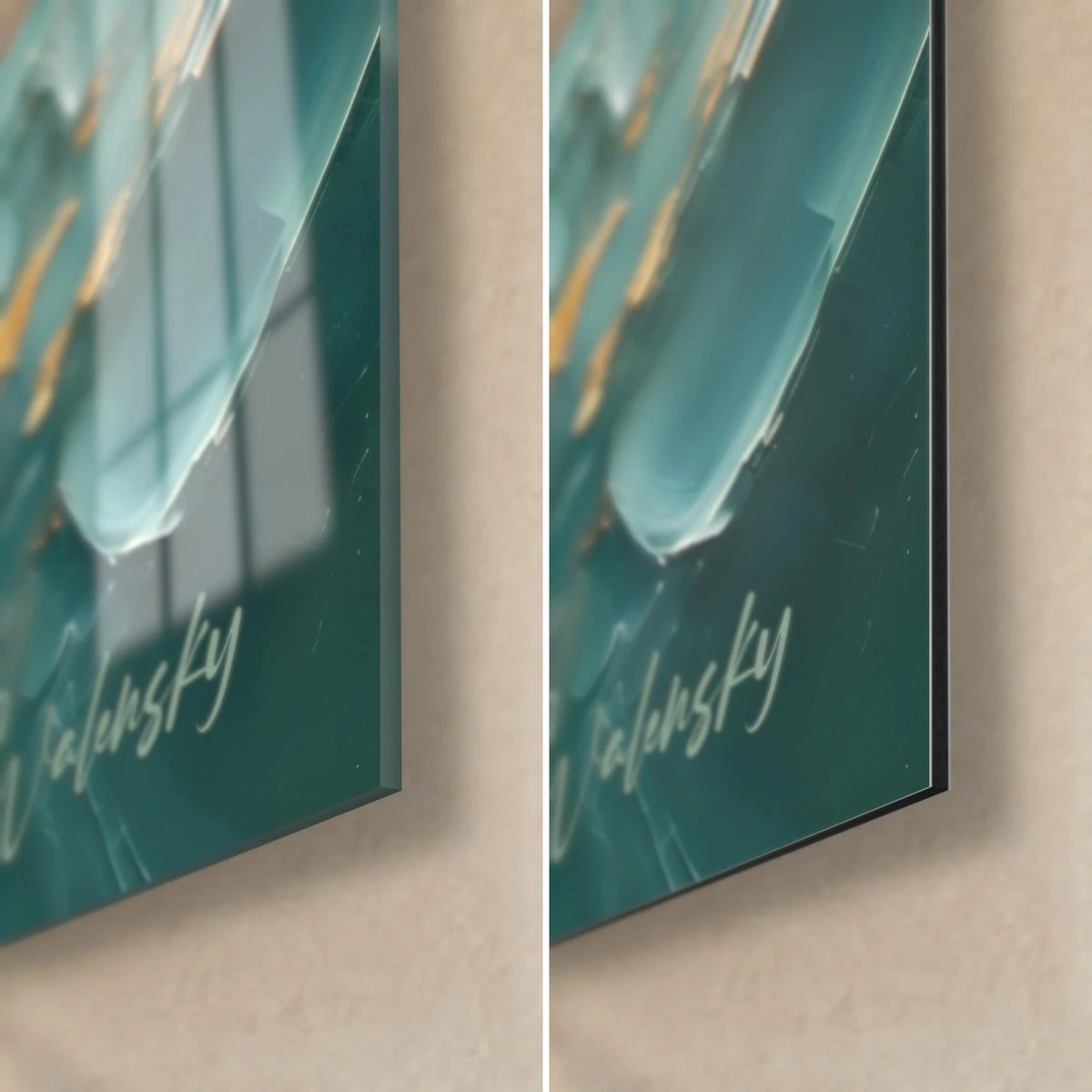 Tableau pieuvre turquoise aux ventouses cuivrées, coin bas droit : verre acrylique brillant à gauche, alu Dibond mat à droite