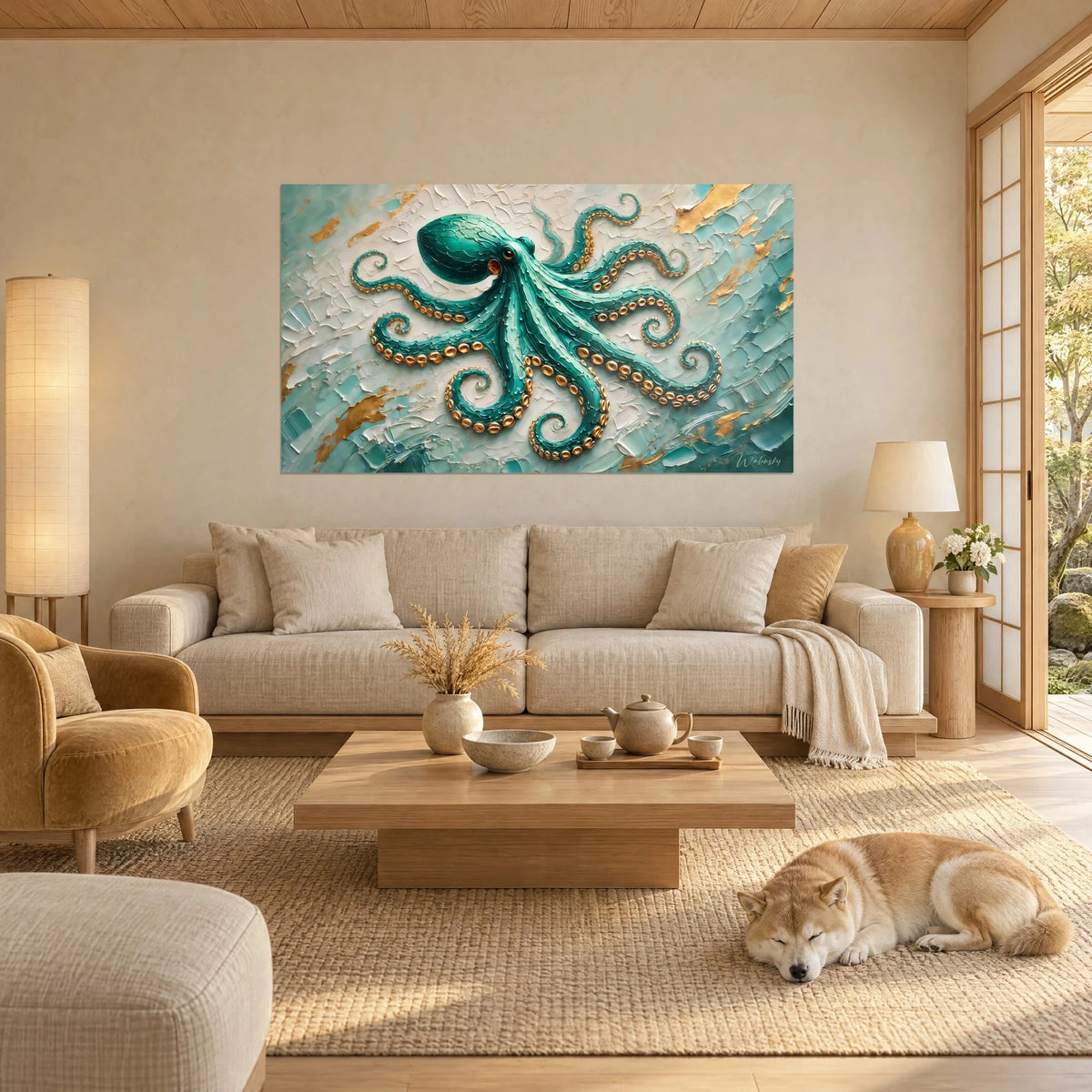 Tableau poulpe émeraude aux ventouses dorées, tentacules en spirale sur fond blanc crème, au-dessus d'un canapé dans un salon lumineux