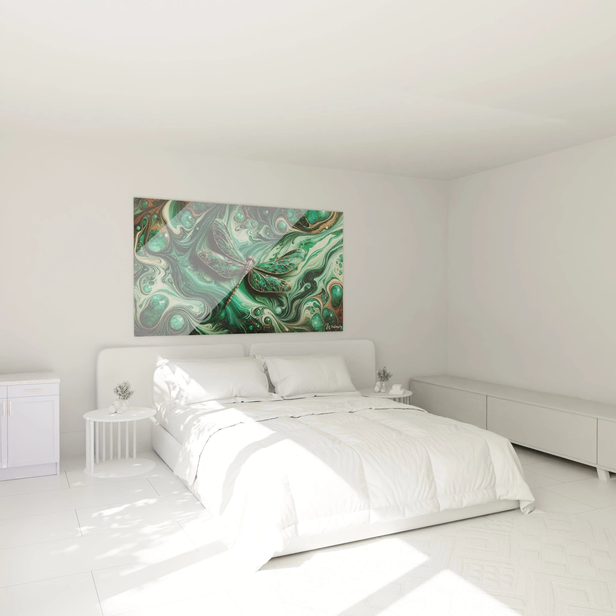 Un tableau abstrait d'insecte aux ailes délicates sur surface fluide. La palette associe vert malachite, cuivre doré, blanc ivoire et noir onyx. Les textures combinent marbrures tourbillonnantes, bulles translucides et lignes métalliques, avec une libellule centrale aux ailes finement cloisonnées et au corps segmenté ornementé.
