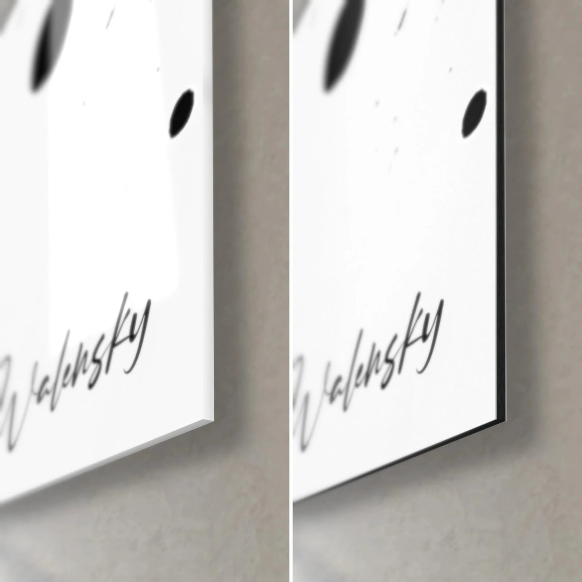 Gemälde mit schwarzen und weißen Flecken, untere rechte Ecke: glänzendes Acrylglas links, matntes Dibond rechts, 3 mm Kante