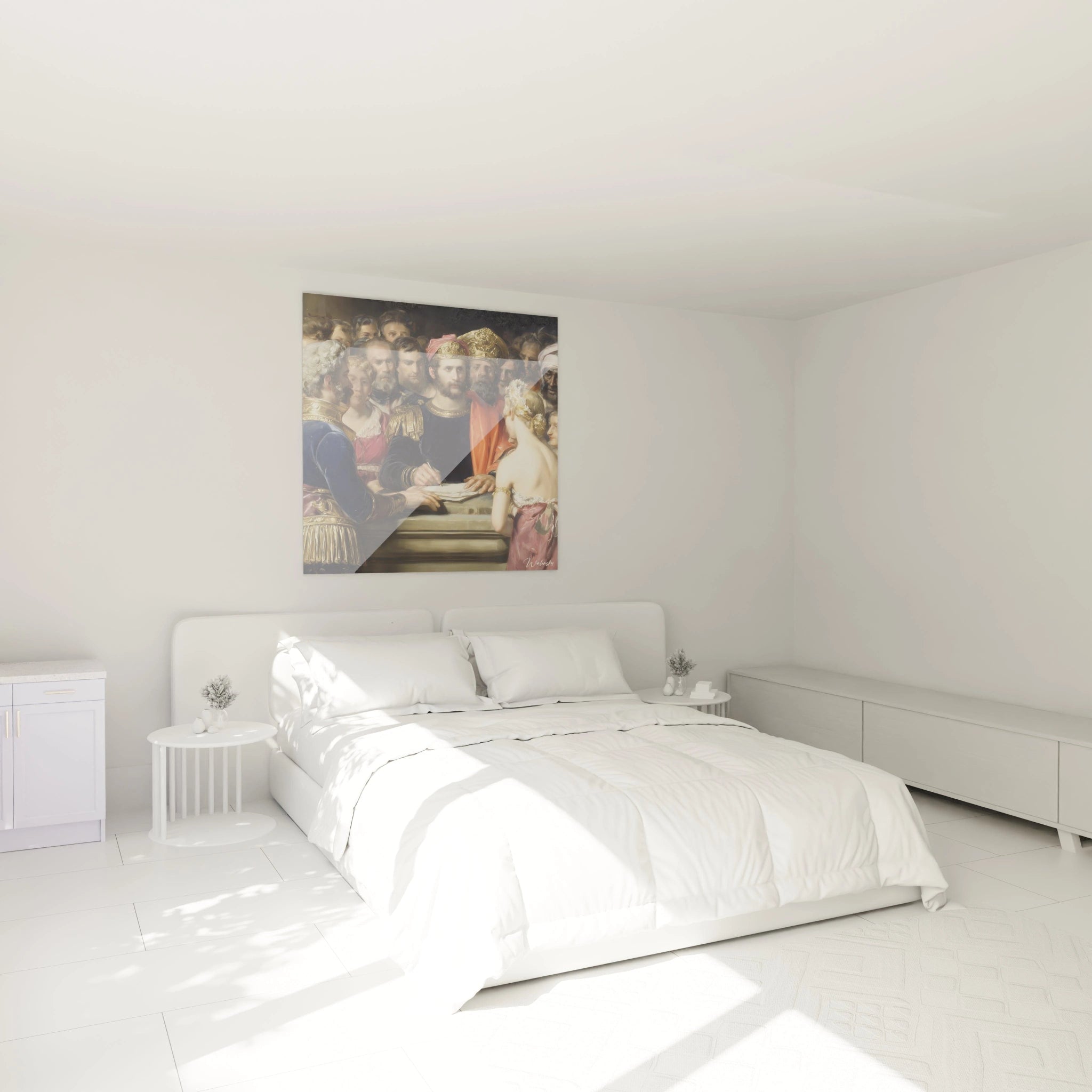 tableau empereur néo classique Walensky accroché au dessus d'un lit blanc dans une chambre minimaliste lumineuse