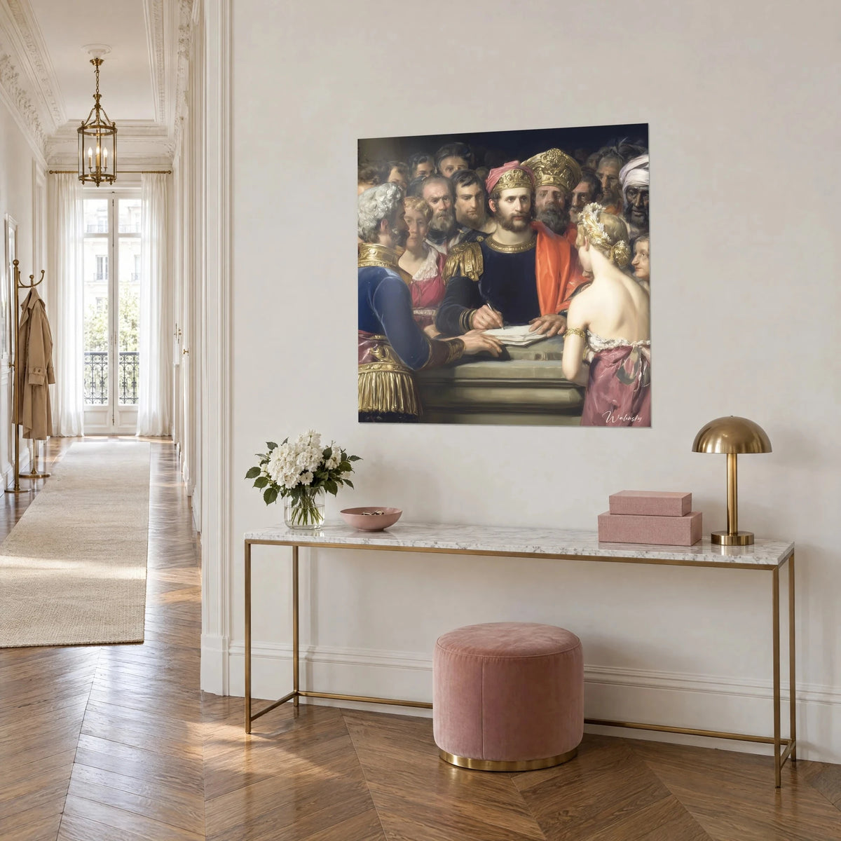 Tableau souverain couronné d'or et de rose, entouré d'une foule dense, épaulette dorée sur velours sombre, console dorée dans un couloir haussmannien