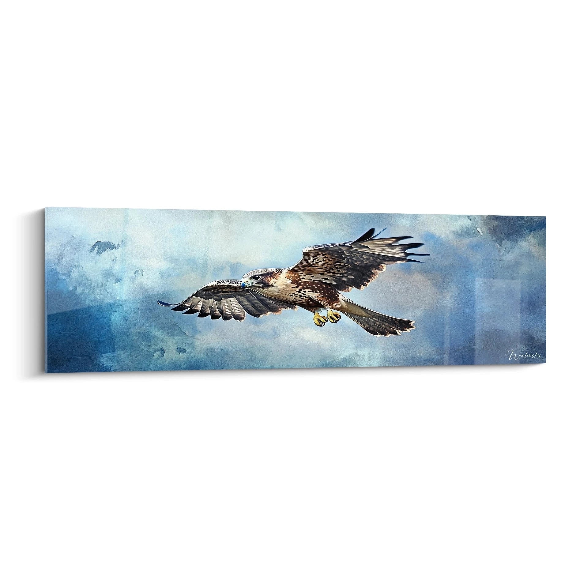 Tableau aigle en vol avec des détails vibrants sur un fond bleu, signé par Walensky