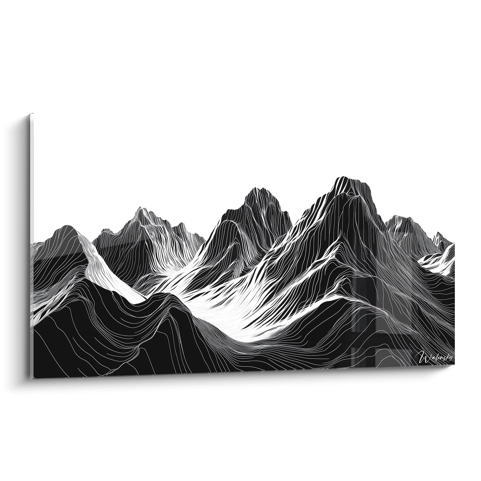Un tableau montagnes en noir et blanc représentant une chaîne de sommets aux lignes topographiques précises. Les courbes fluides et ondulantes créent un effet de relief saisissant, avec des crêtes blanches contrastant sur fond noir profond, offrant une vision minimaliste et graphique du paysage montagneux.
