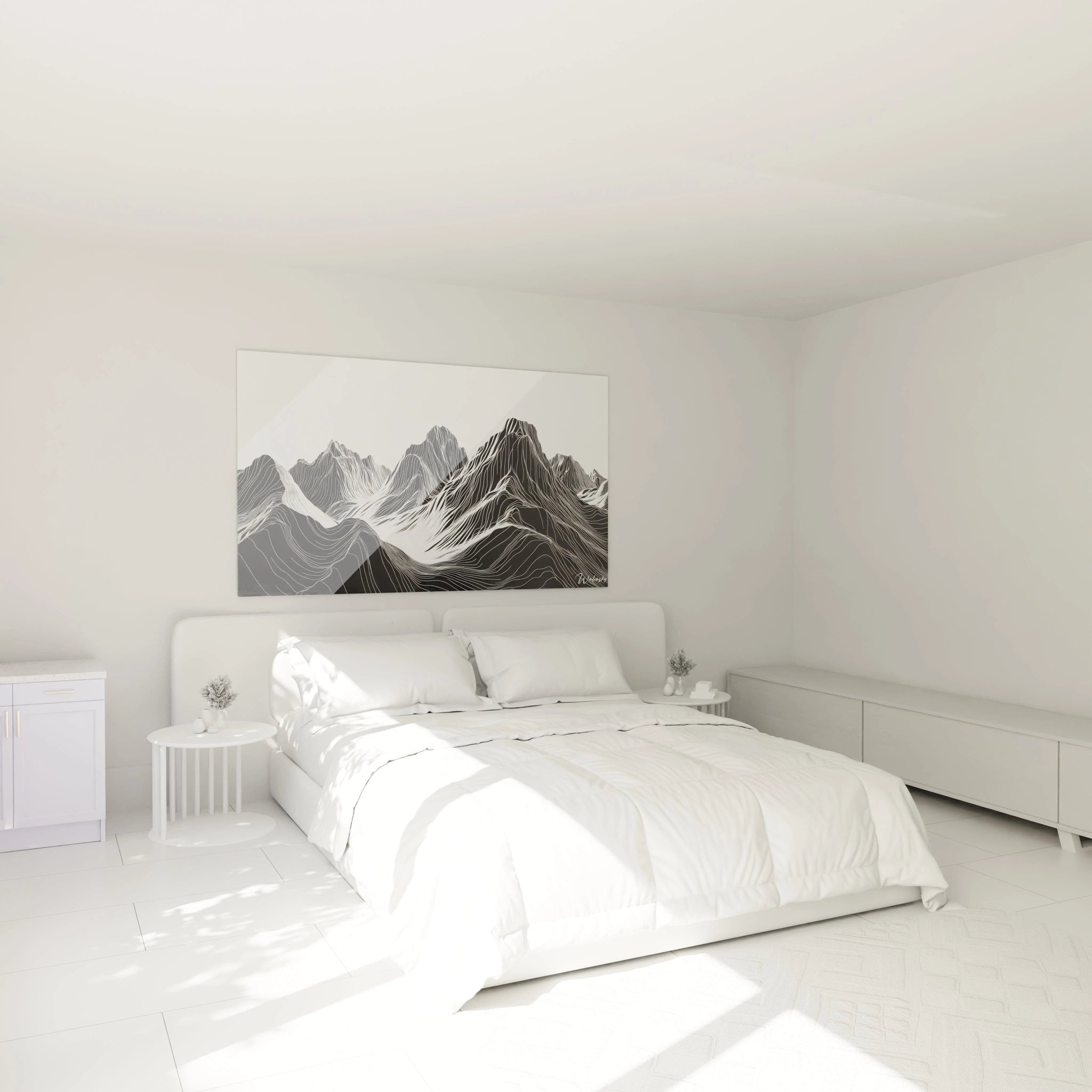 Un tableau montagnes minimaliste illustrant un panorama de reliefs aux traits fins et précis. La composition graphique joue sur l'alternance du noir et blanc pour définir les vallées et sommets, créant une profondeur visuelle par la densité variable des lignes qui suivent parfaitement les contours naturels du terrain.
