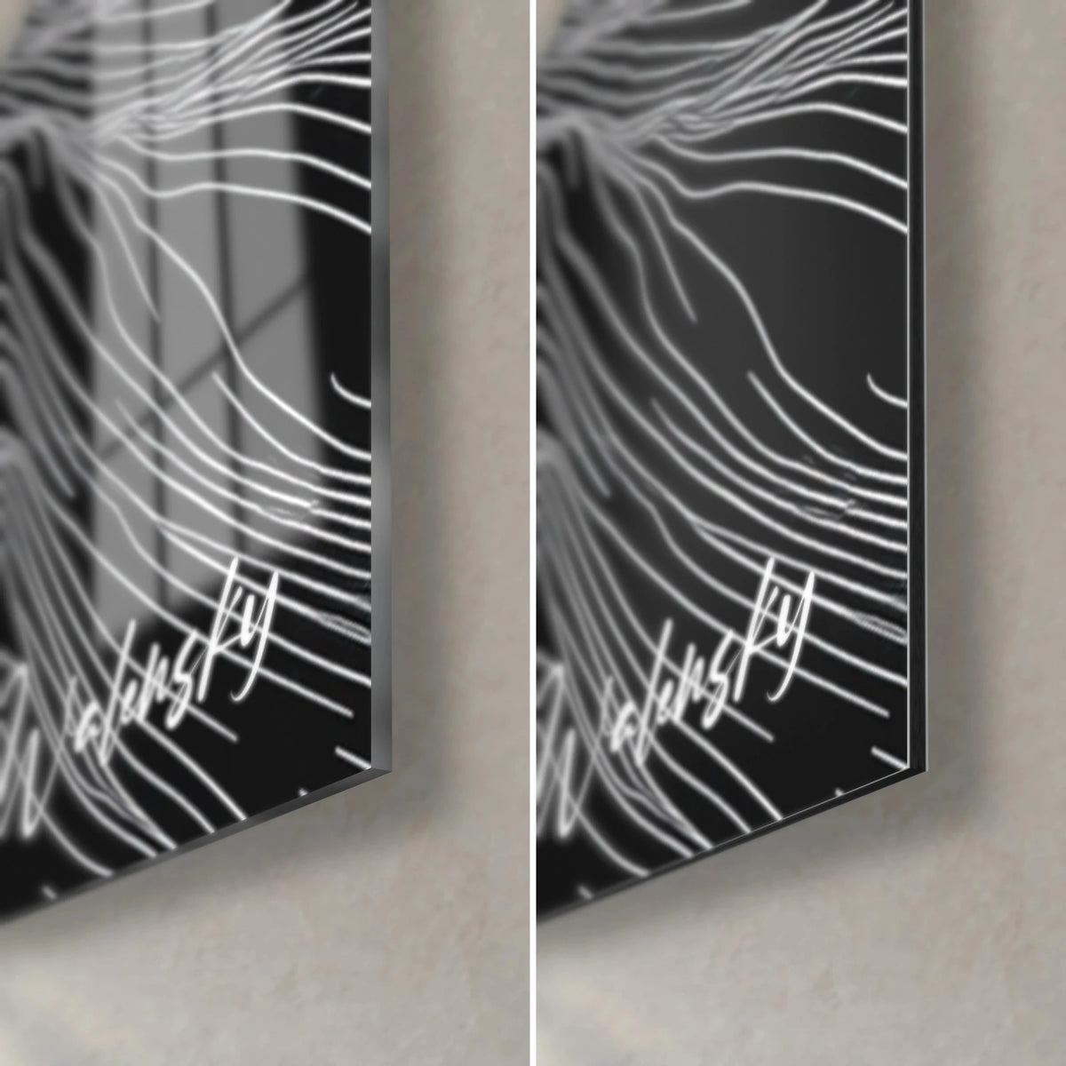 Schilderij zwarte toppen doorlopen door fijne witte lijnen, rechtsonder, glanzend glas links, mat Dibond rechts, handtekening Walensky