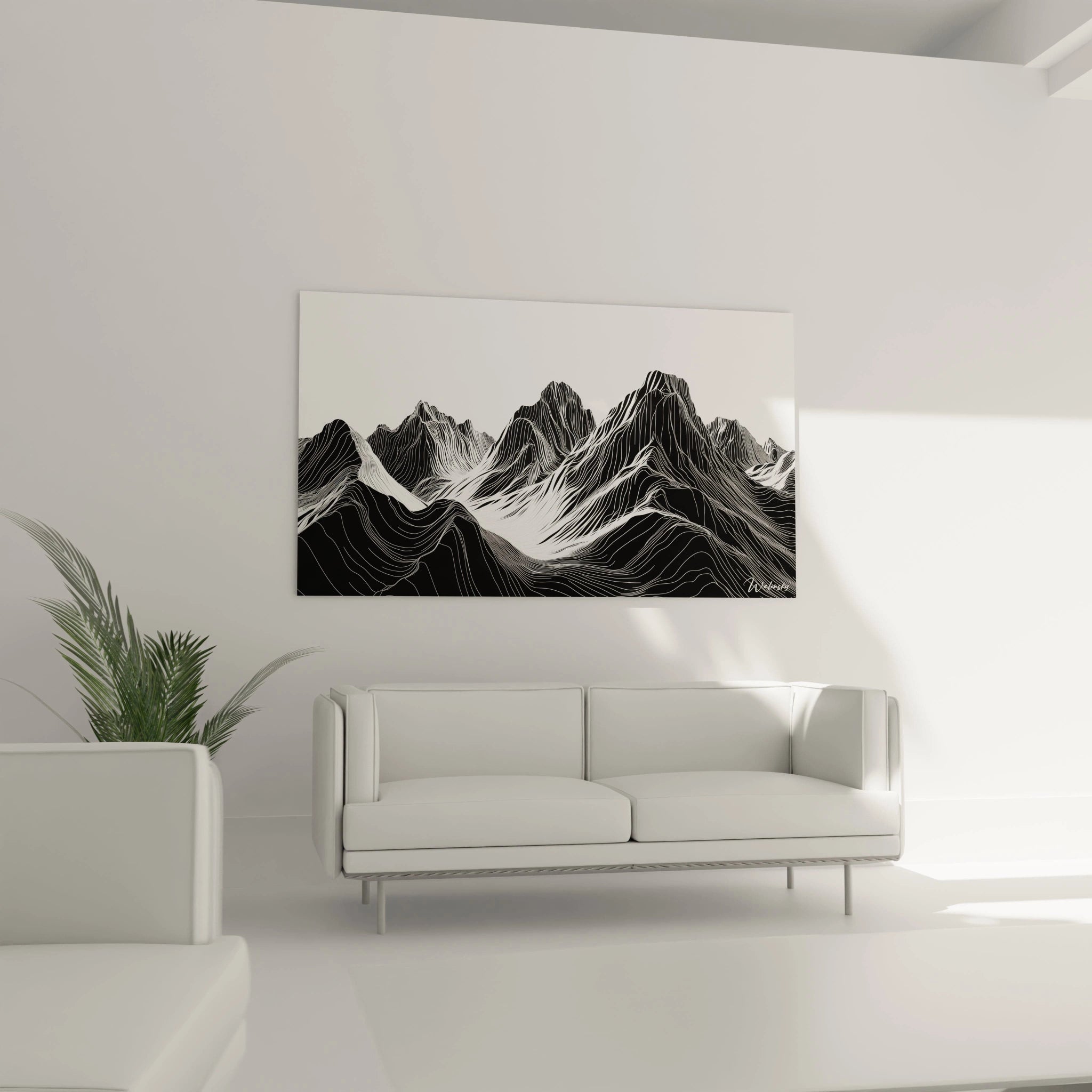 Un tableau montagnes abstraites composé uniquement de fines lignes blanches sinueuses sur fond noir. Les motifs topographiques dessinent avec précision chaque élévation et dépression du massif montagneux, produisant un effet hypnotique où les formes naturelles se transforment en composition géométrique rythmée.
