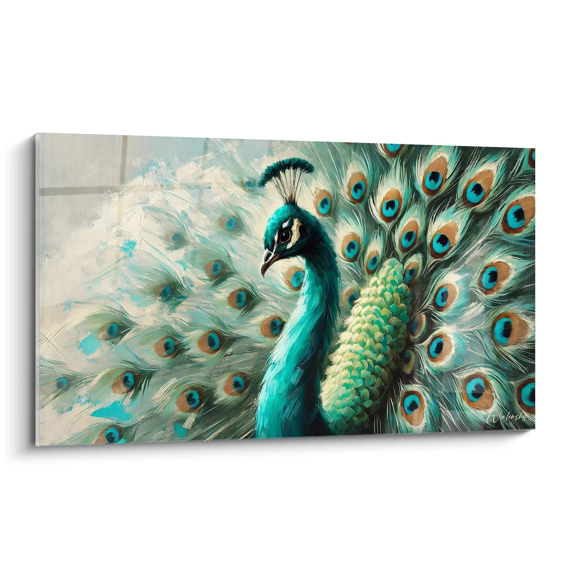 Admirez la beauté du tableau paon vu de biais, révélant les nuances riches de vert et de turquoise. Une pièce centrale parfaite pour sublimer votre intérieur avec élégance et naturel.