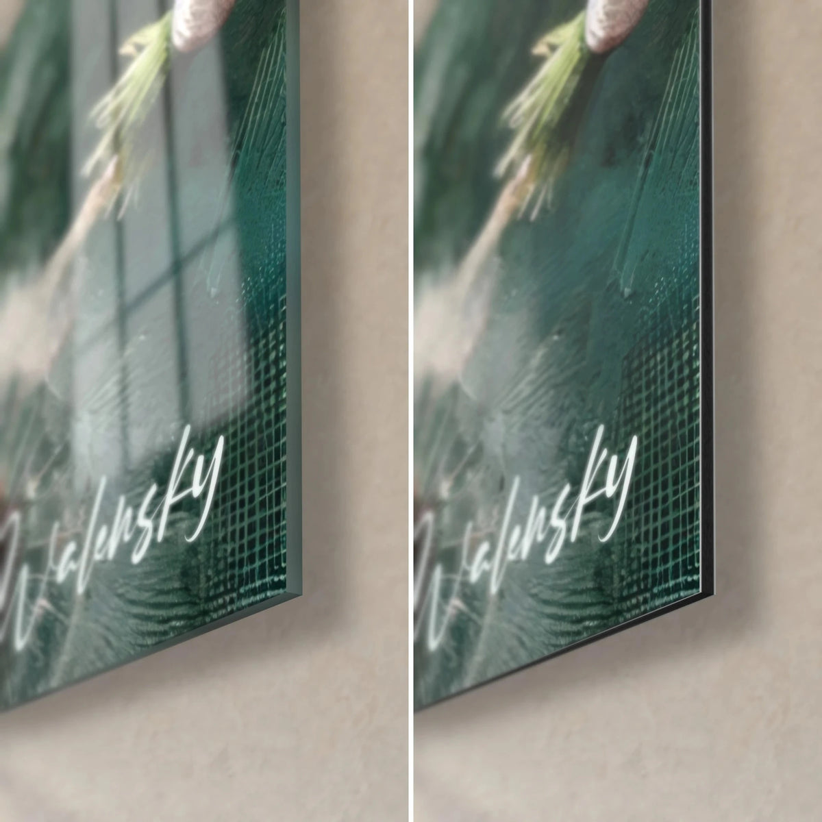 Gemälde Löwenzahn in Weiß und tiefem Blattgrün, untere rechte Ecke: glänzendes Acrylglas links, mattes Dibond-Aluminium rechts, 3 mm Kante
