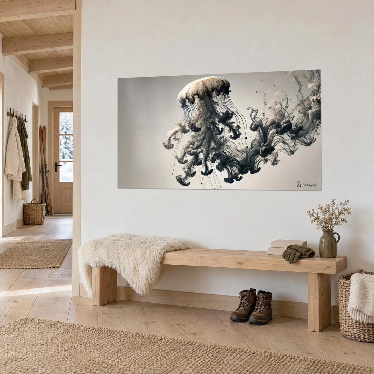 Schilderij beige paraplukwal met houtskoolkleurige rookslierten, driekwartaanzicht, houten bank en besneeuwde chalet
