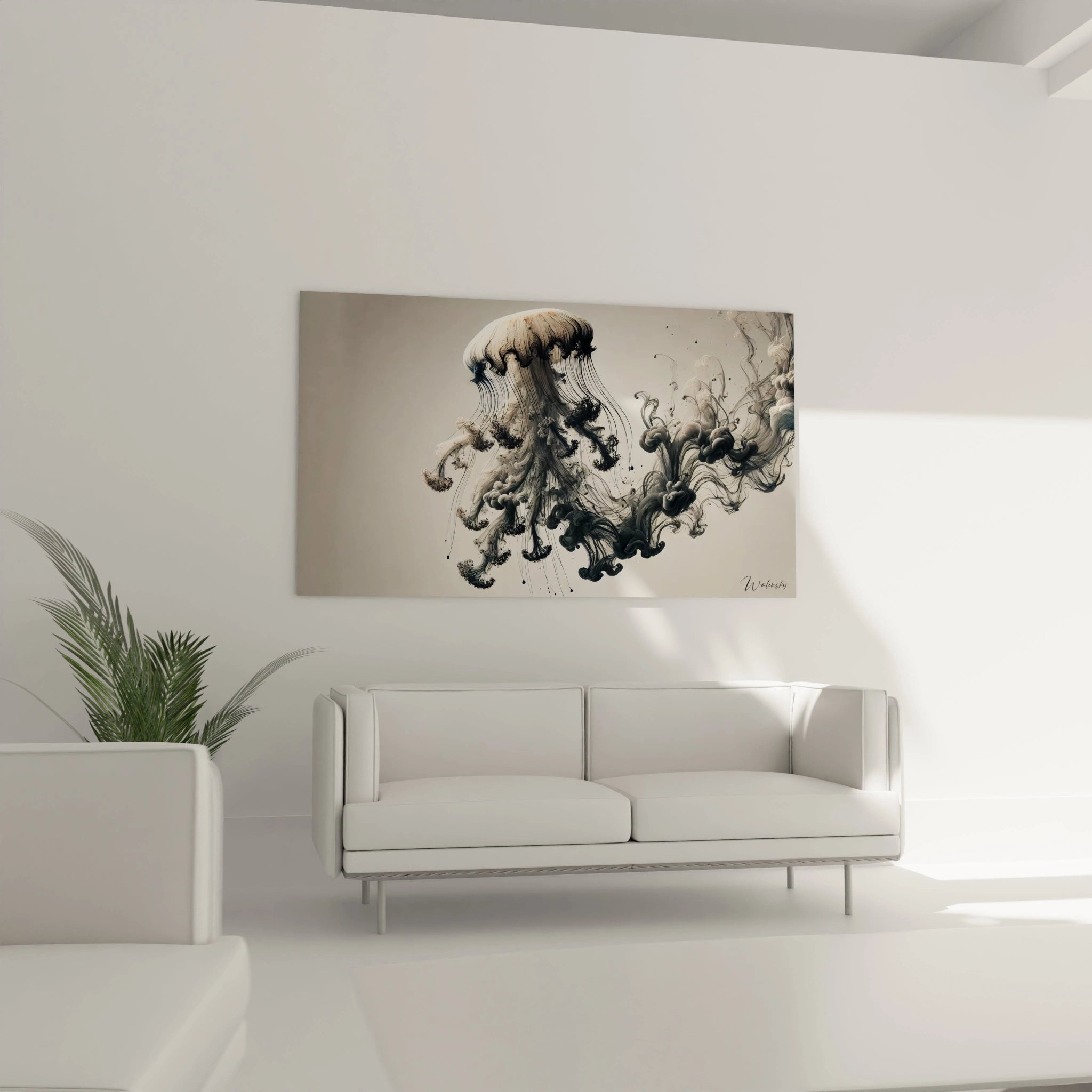 Ce tableau méduse sur le mur du salon apporte sophistication et mystère. Les lignes fines et les couleurs apaisantes embellissent l'espace au-dessus du canapé.

