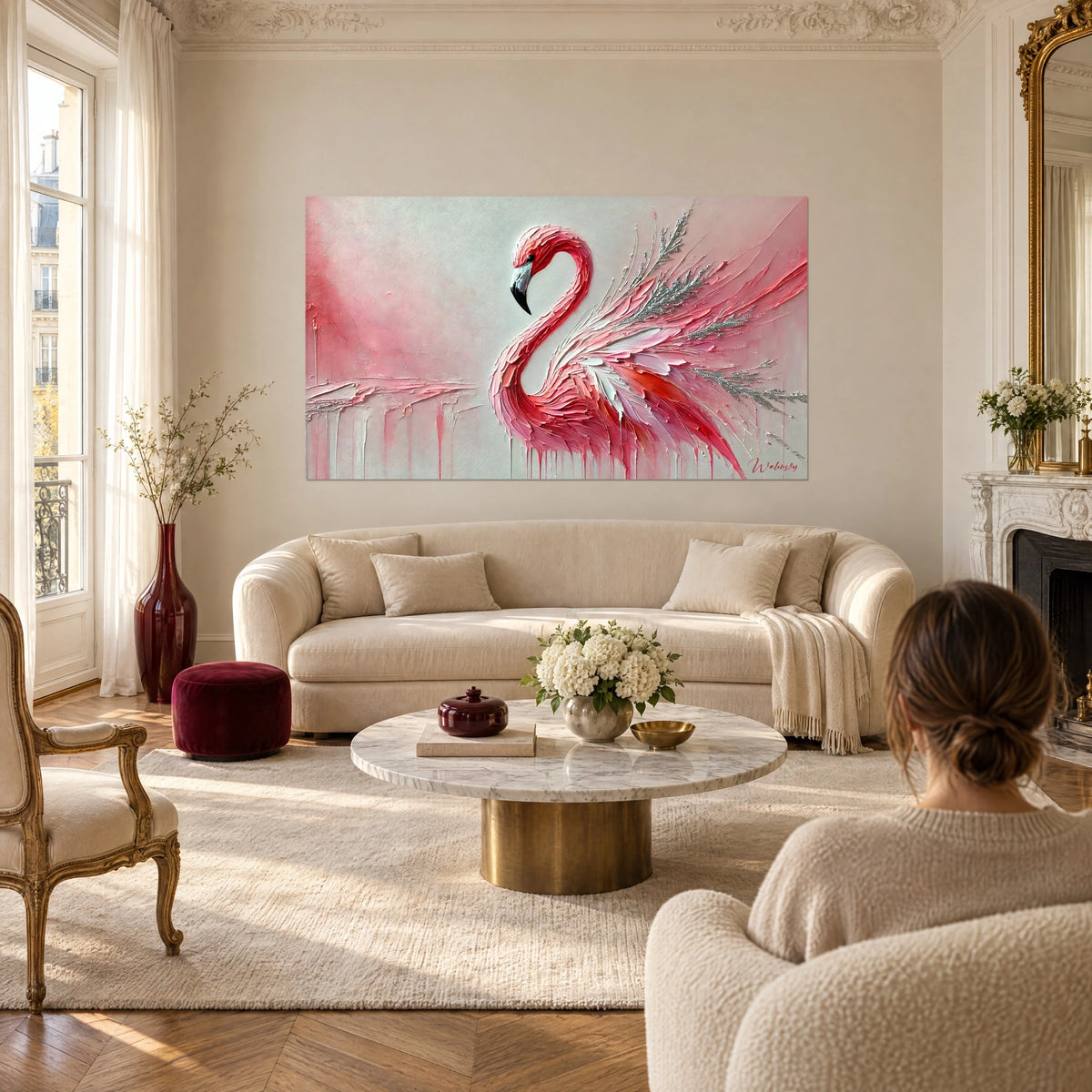 Cuadro flamenco rosa con cuello en forma de S, plumas coral y plateadas en empaste grueso, sobre un sofá en un salón luminoso
