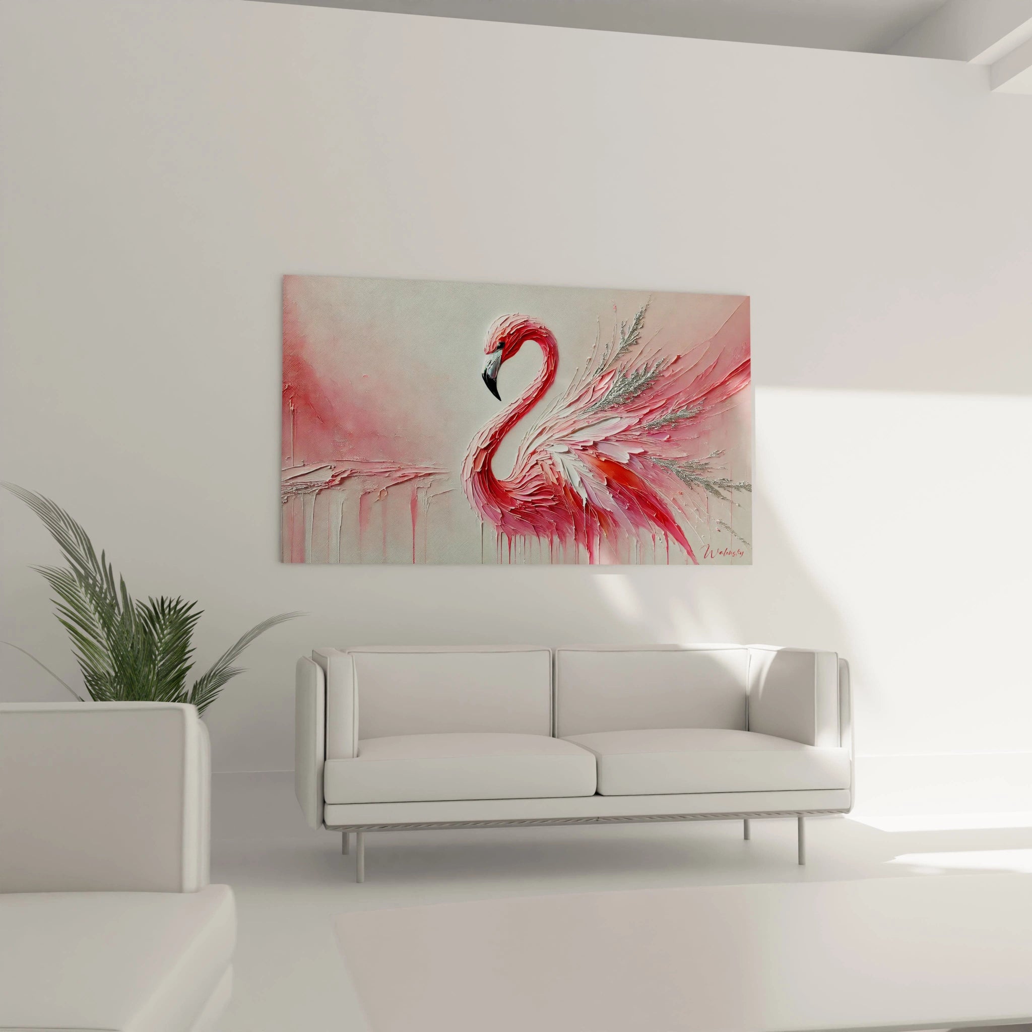 Ce tableau flamand rose est idéal pour un salon. Suspendu au-dessus d'un canapé, il crée un point focal artistique, ajoutant élégance et modernité à votre espace.

