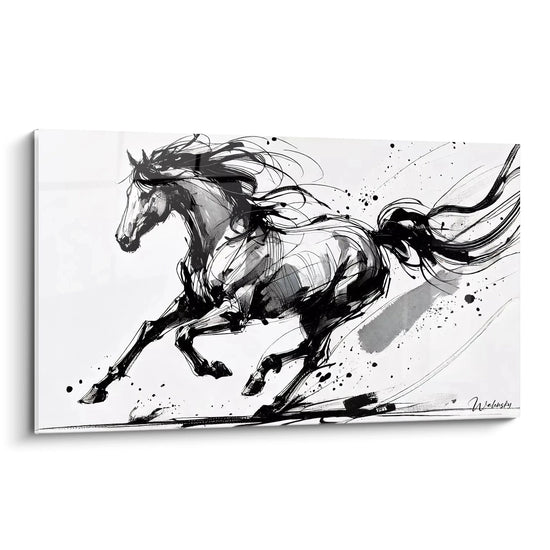 Questo quadro di cavallo, visto di scorcio, rivela la potenza del movimento catturato dall'artista. Le pennellate nere e grigie portano un'energia palpabile, perfetta per esaltare uno spazio moderno.


