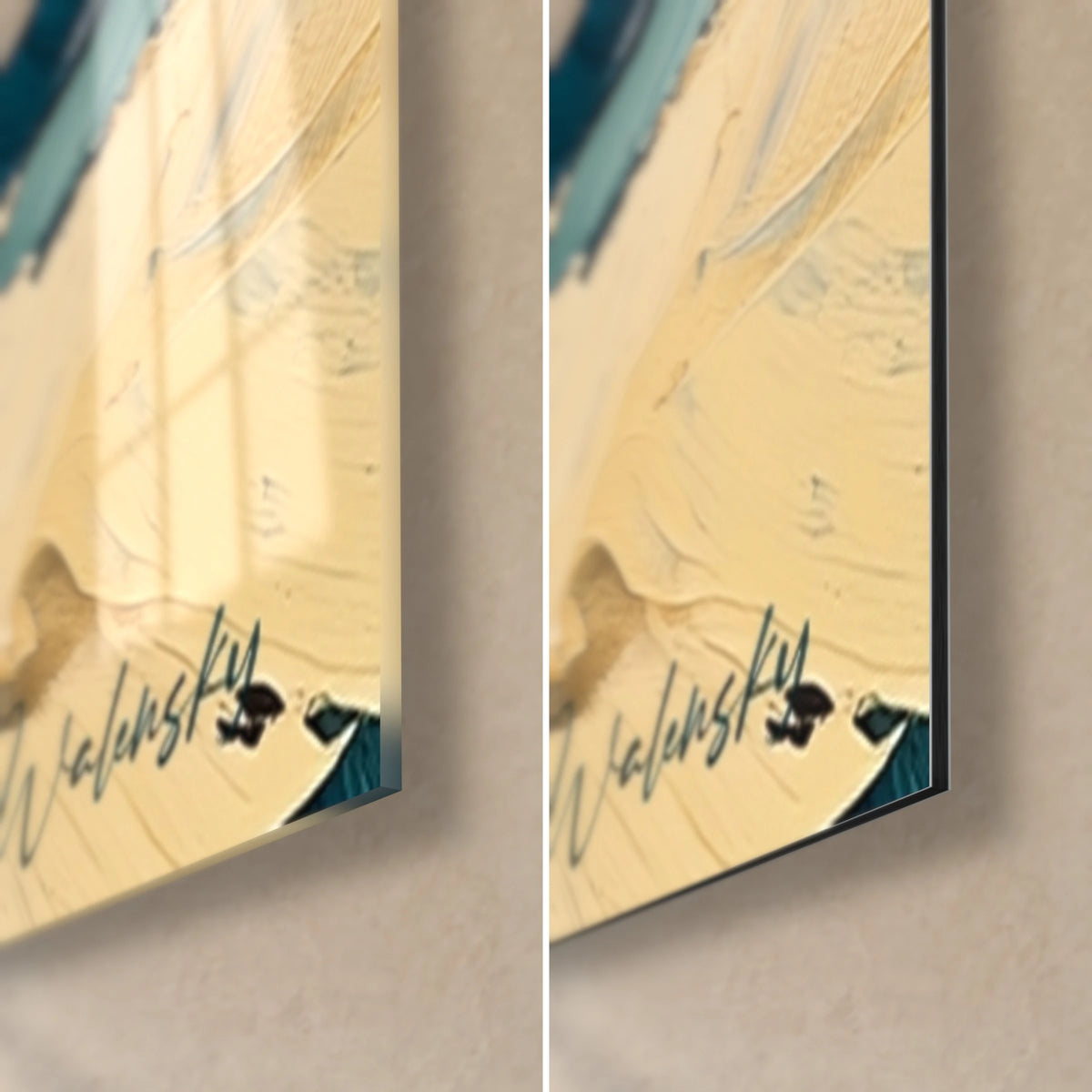 Wall art of thick cream and turquoise blue paint impasto, lower right corner, glossy acrylic glass and matte Dibond