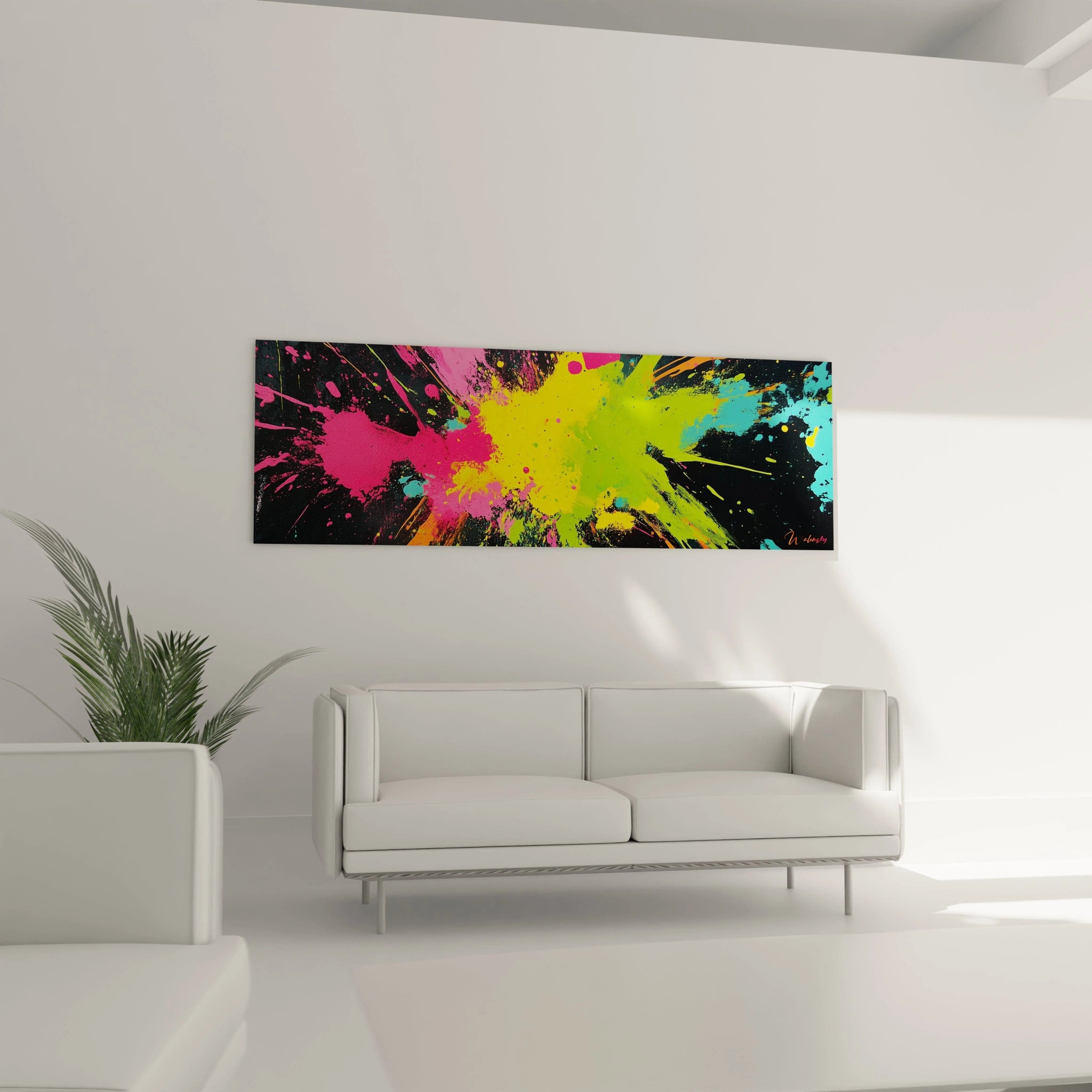 Un tableau explosion colorée illustrant une déflagration de pigments néon – rose fuchsia, jaune citron, vert acide et cyan – projetés violemment sur toile noire, formant des trajectoires dynamiques avec des détails de gouttelettes et des motifs d'éclaboussures qui rayonnent du centre.
