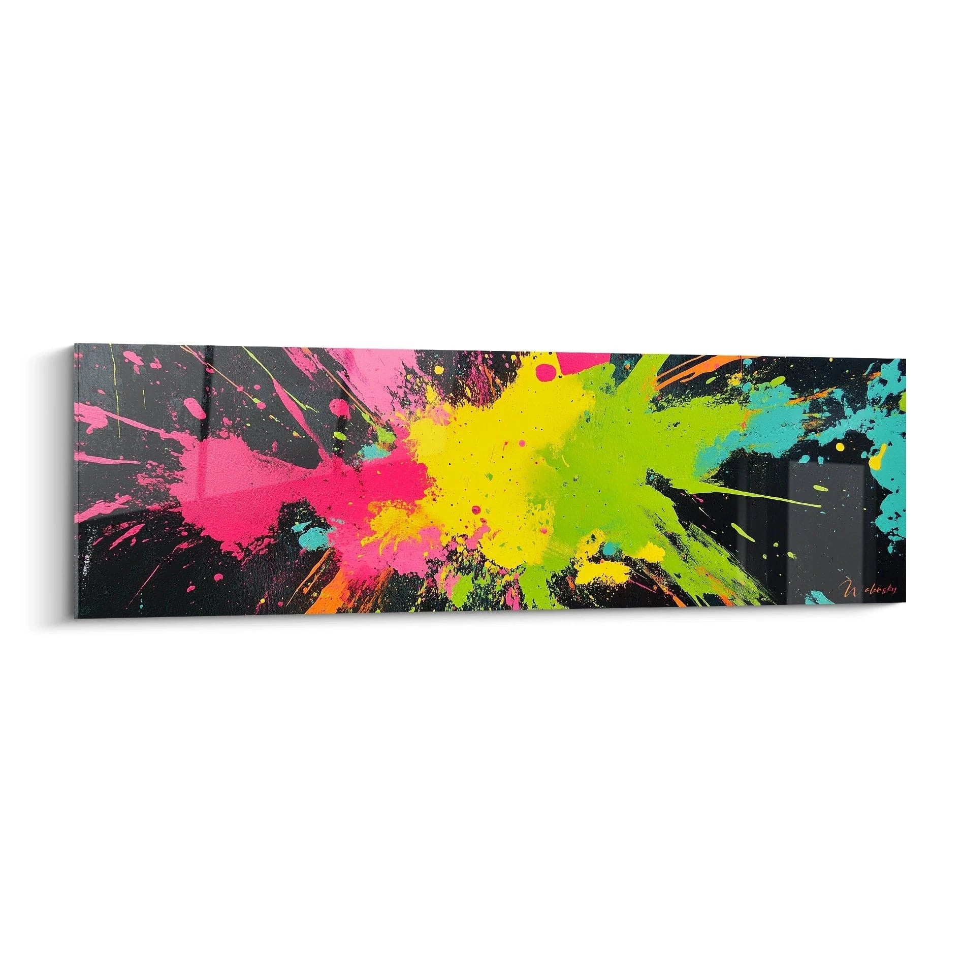 Un tableau street art dynamique représentant une explosion de couleurs vives – rose électrique, jaune fluo, vert lime et touches de turquoise – projetées sur fond noir mat, créant un effet d'éclaboussures rayonnantes depuis le centre dans un format panoramique.
