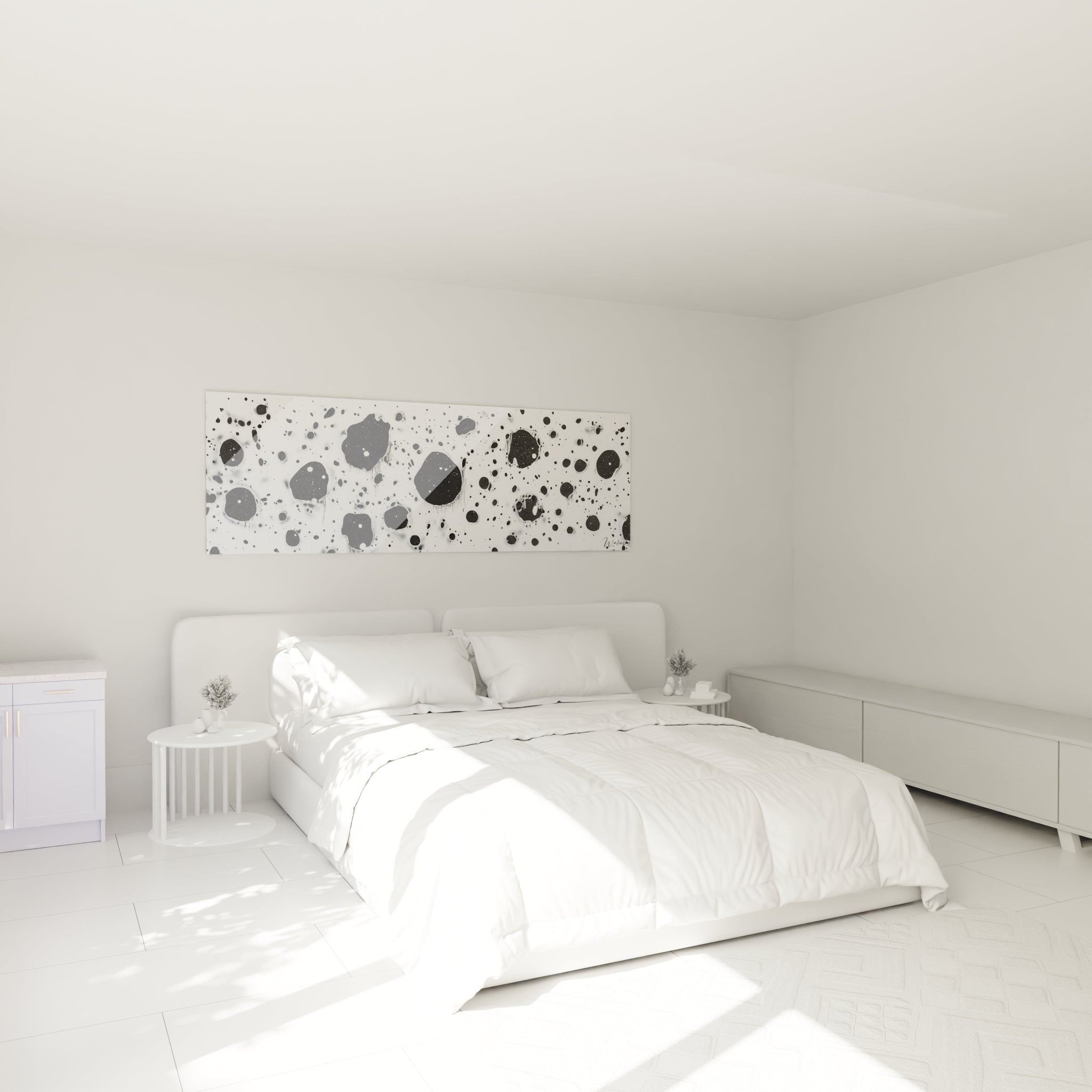 Tableau tacheté noir et blanc de Walensky sur le mur d'une chambre moderne et lumineuse