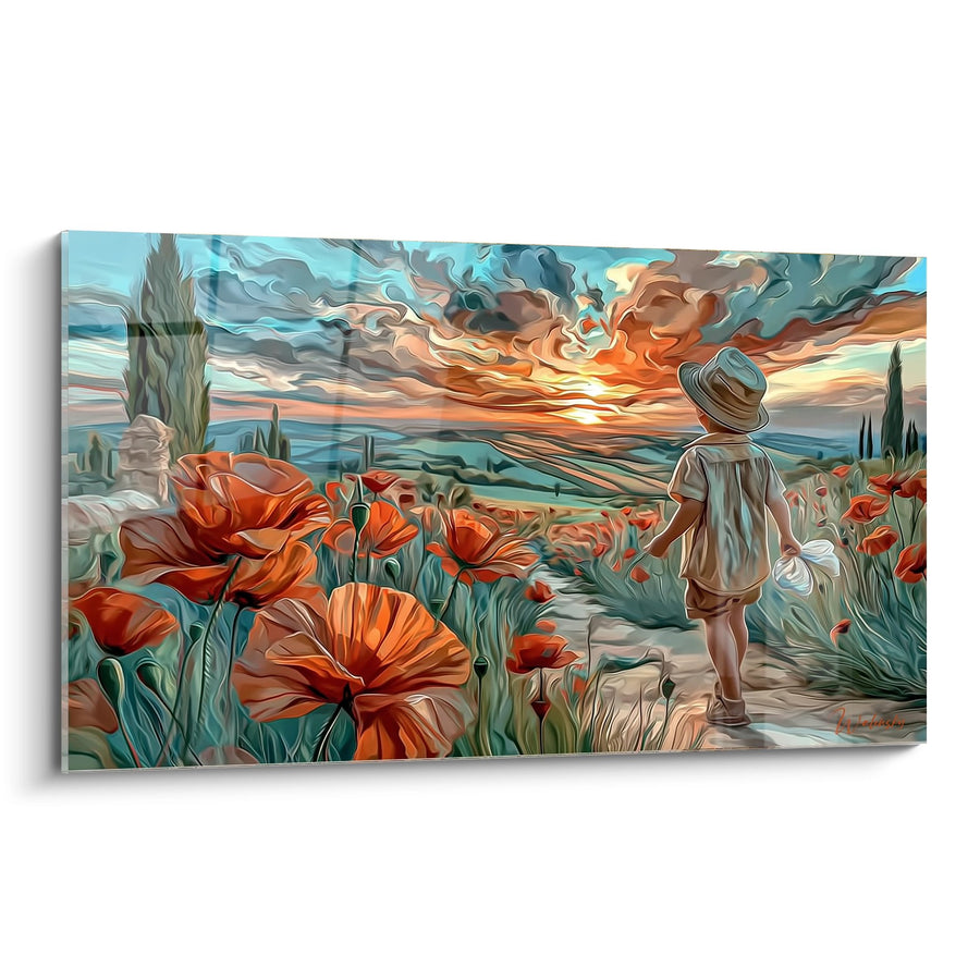 Tableau Enfant au Chapeau dans un Champ de Fleurs Rouges au Coucher de Soleil - Promenade Enchantée - Edition Coquelicot