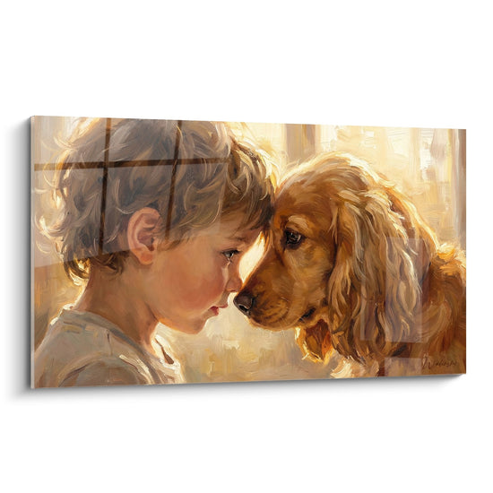 Tableau tendre enfant aux cheveux bouclés et cocker anglais roux tons dorés lumière naturelle