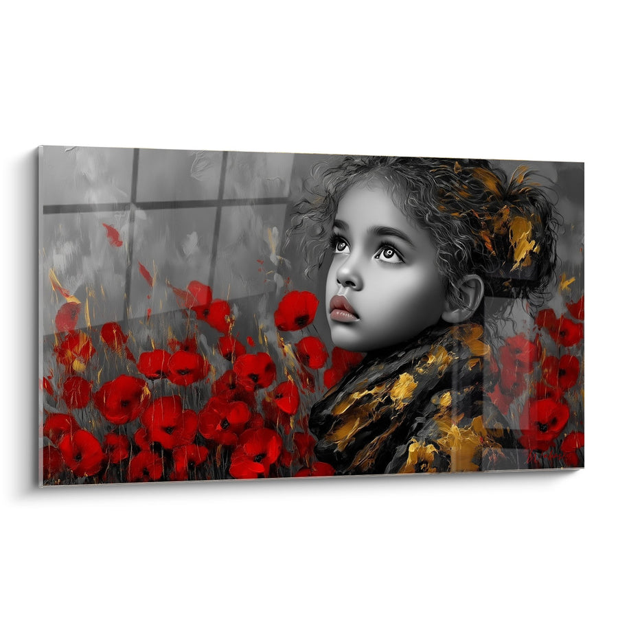 Tableau Enfant aux Cheveux Bouclés et Fleurs Rouges - Innocence Poétique - Edition Coquelicot