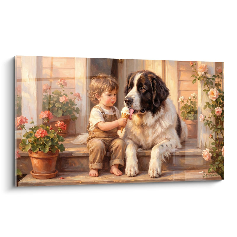 Adorable Blond Child in Caramel Overalls Sharing Ice Cream with Landseer on Blooming Terrace - Shared Sweetness - Edition Landseer