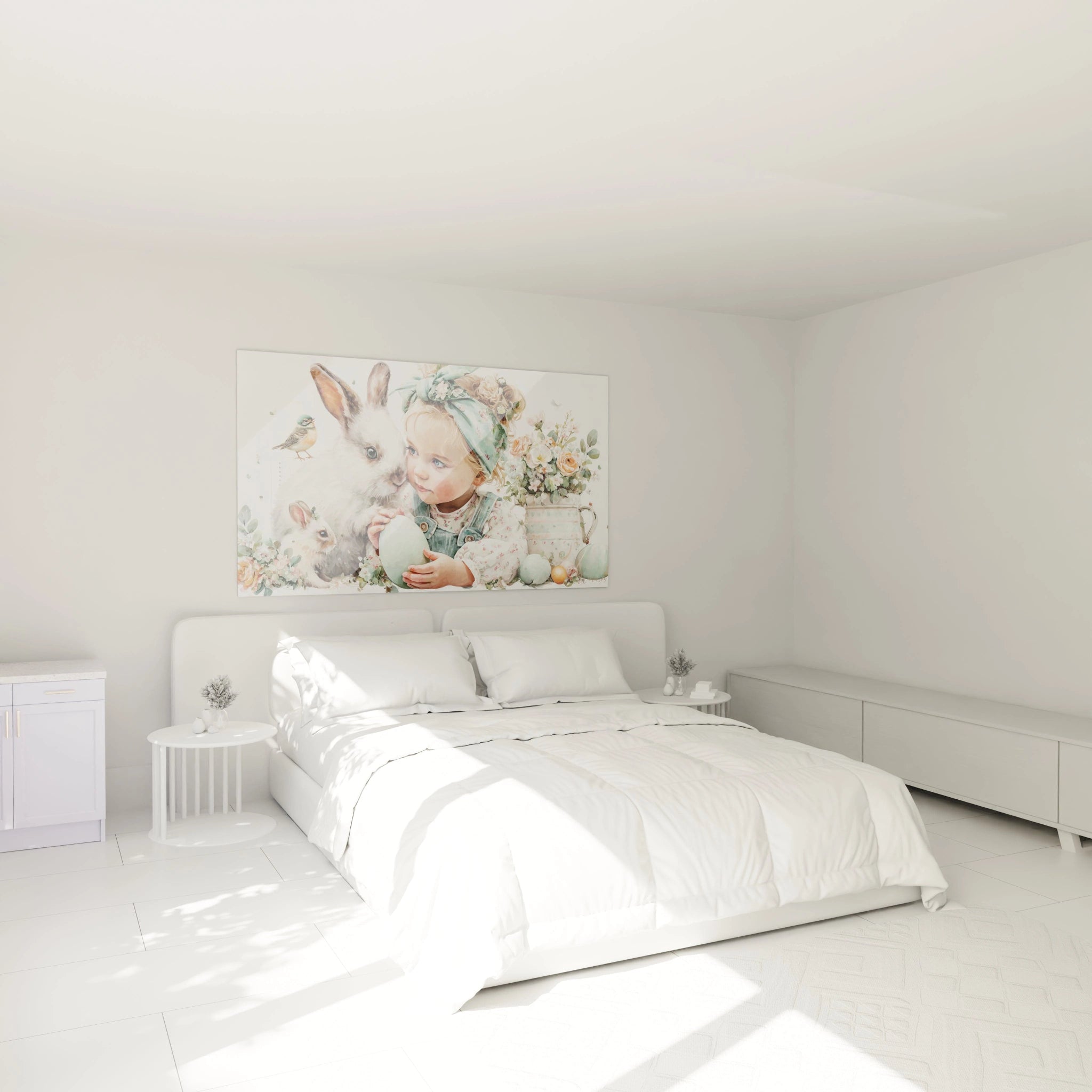 Tableau mural Walensky avec illustration pastel d un enfant et lapin tenant un oeuf tableau enfant lapin Pâques pour chambre