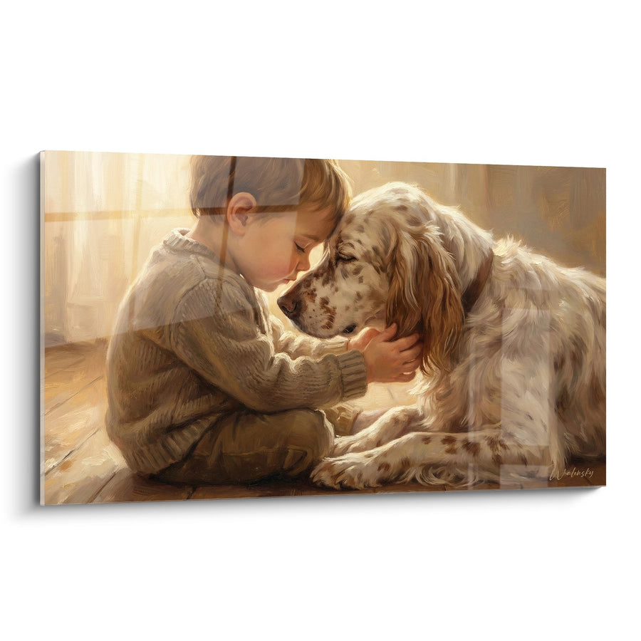 Child and Dog Wall Art in Golden Tones - Tender Complicity - English Setter Edition