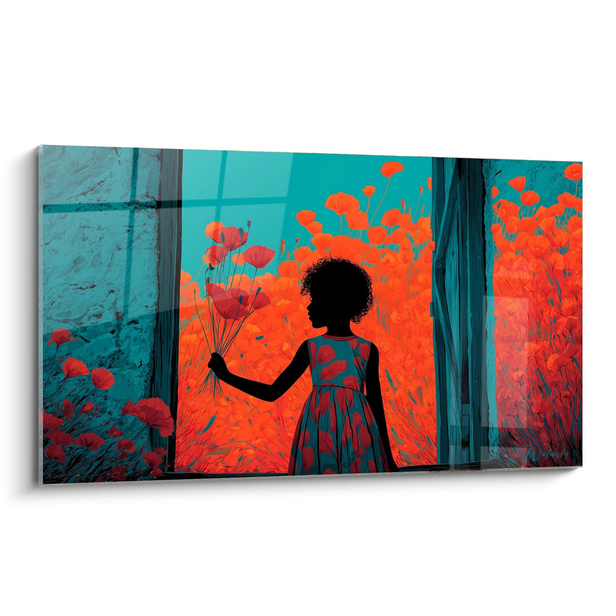 Tableau Enfant Silhouette dans un Jardin Turquoise et Orange - Rêverie Florale - Edition Coquelicot