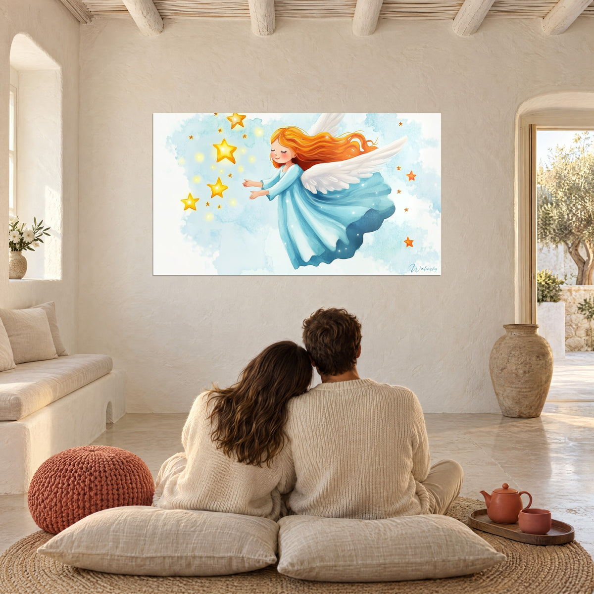 Wall art of a smiling little angel reaching out to golden-yellow stars, red hair in the wind, pale blue background, facing a seated couple
