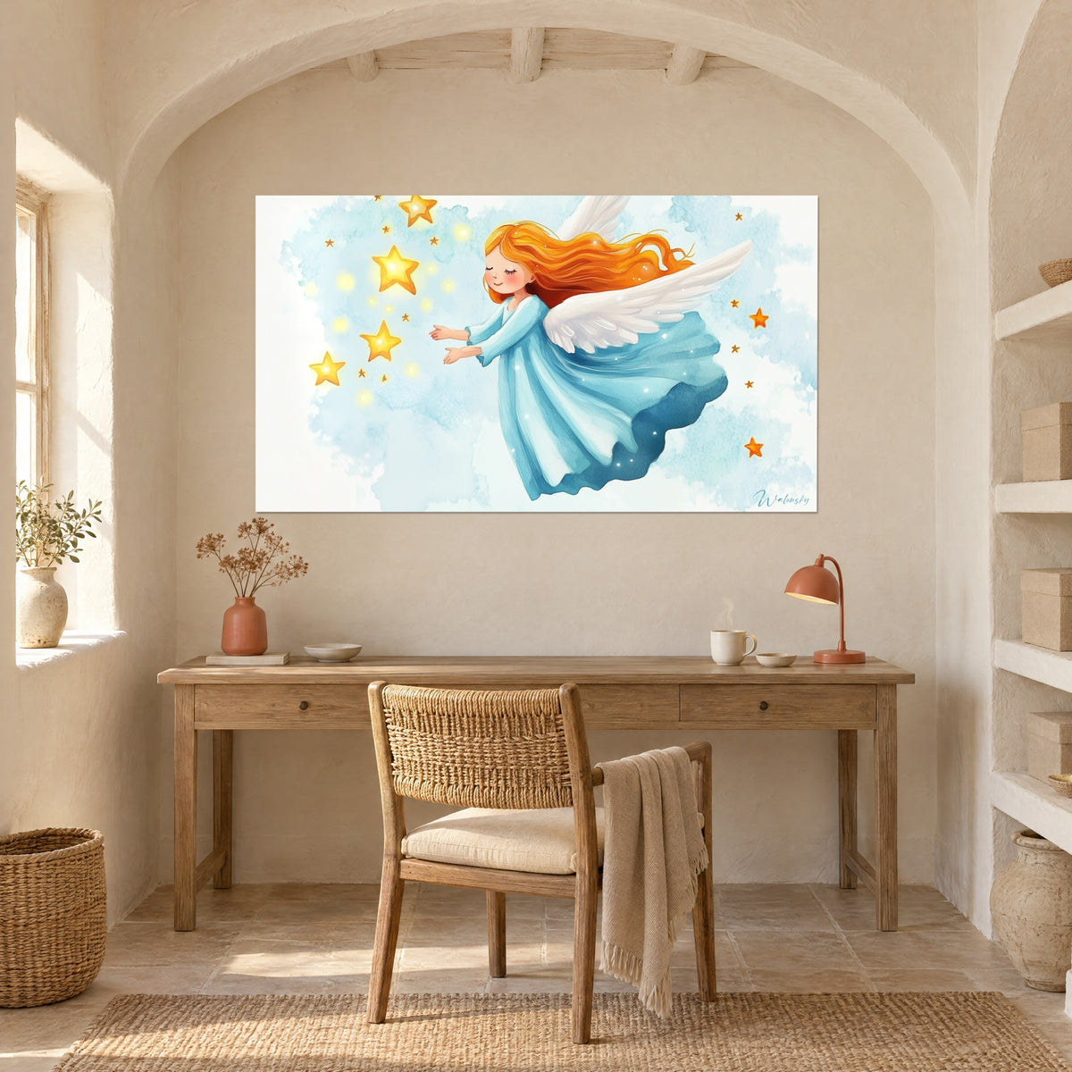 Watercolor wall art of an angel in an icy blue dress, with pearly white wings and orange stars, hung under an arch above a desk