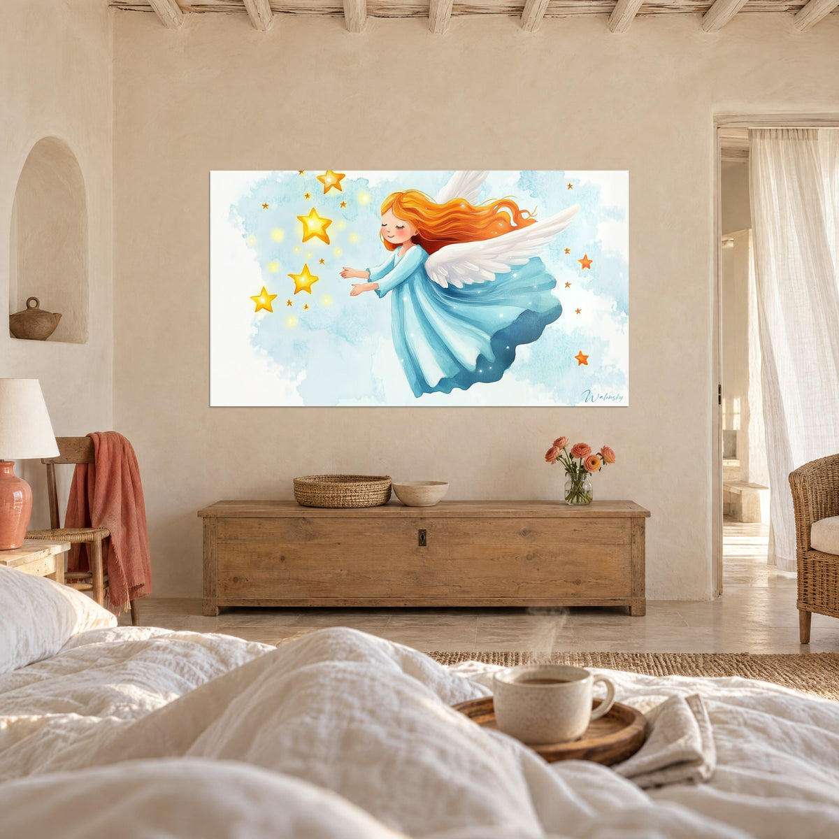 Wall art of a cherub with long orange hair floating among golden stars on bluish clouds, above a bed in a light bedroom