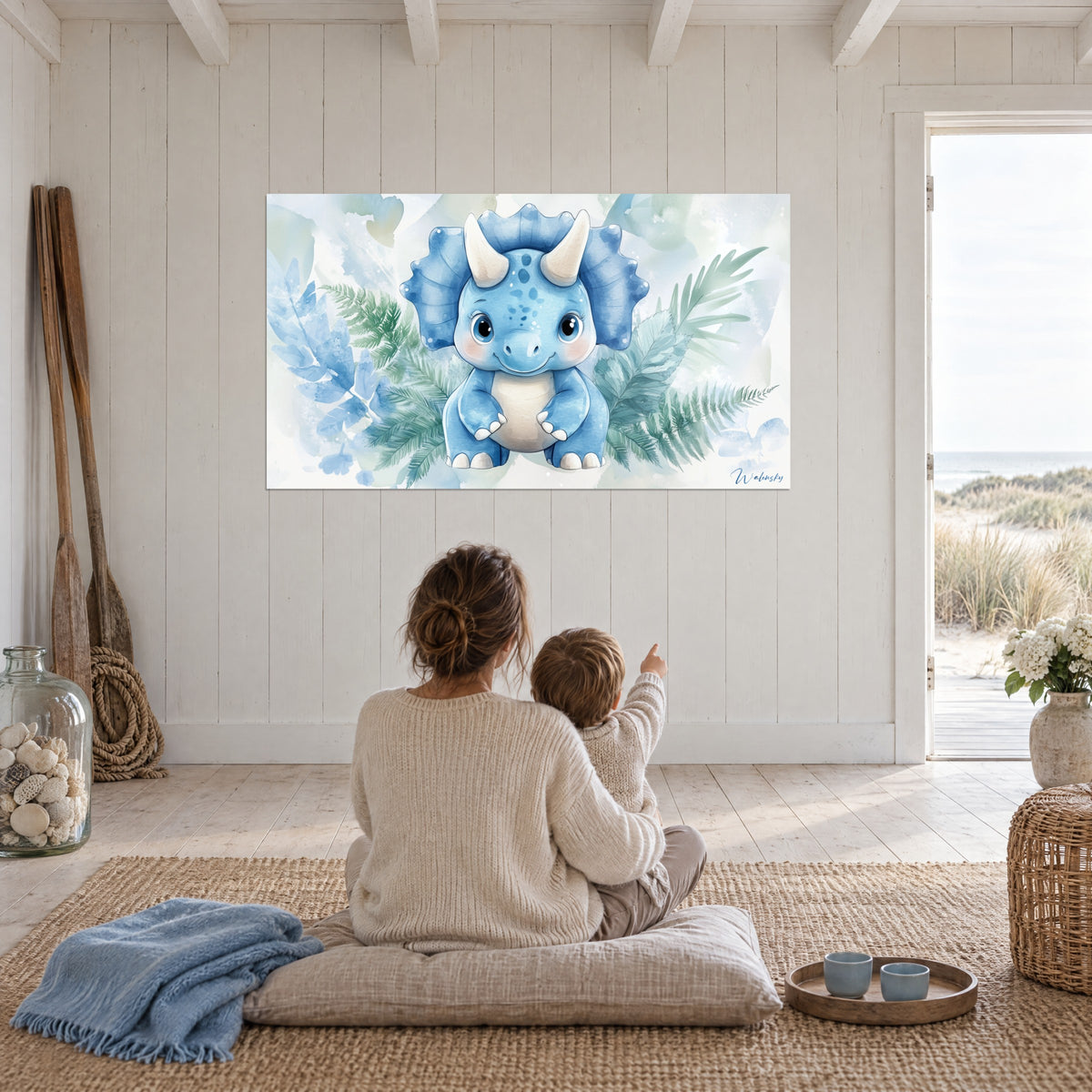 Wall art watercolour triceratops illustration, royal blue and fir green, cloudy white background, hung in a bright room near the dunes