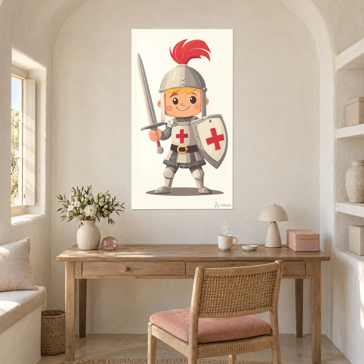 Quadro di uno scudiero con spada ed elmo grigio, pennacchio rosso su fondo avorio, appeso sopra una scrivania in legno chiaro accanto a una lampada