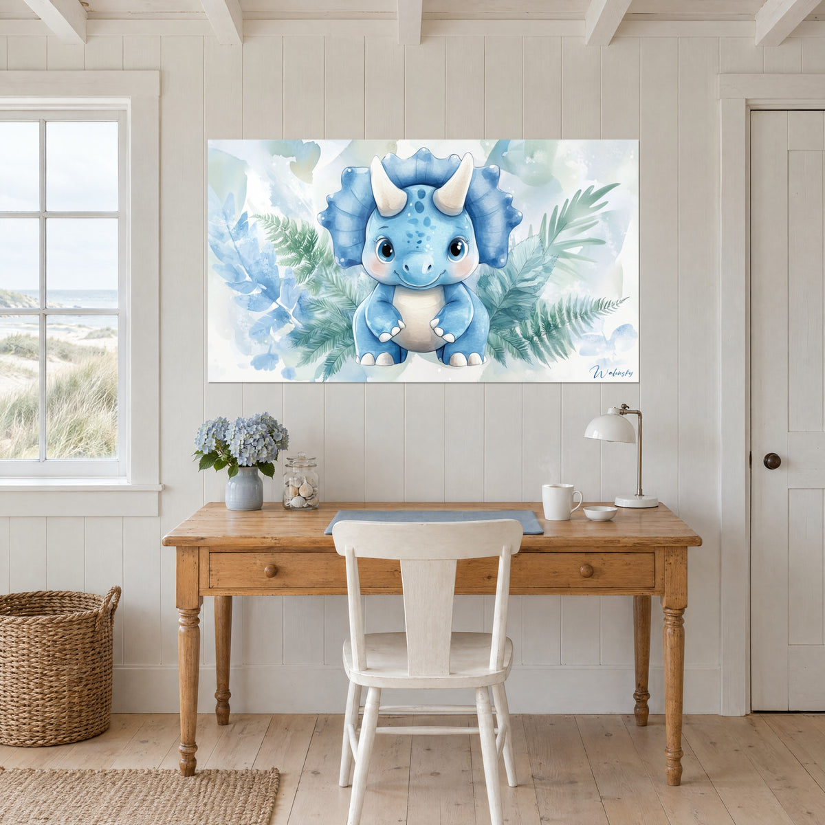 Wall art cute dino with azure highlights, blue frill and sea-green foliage, above a light wood desk by a window