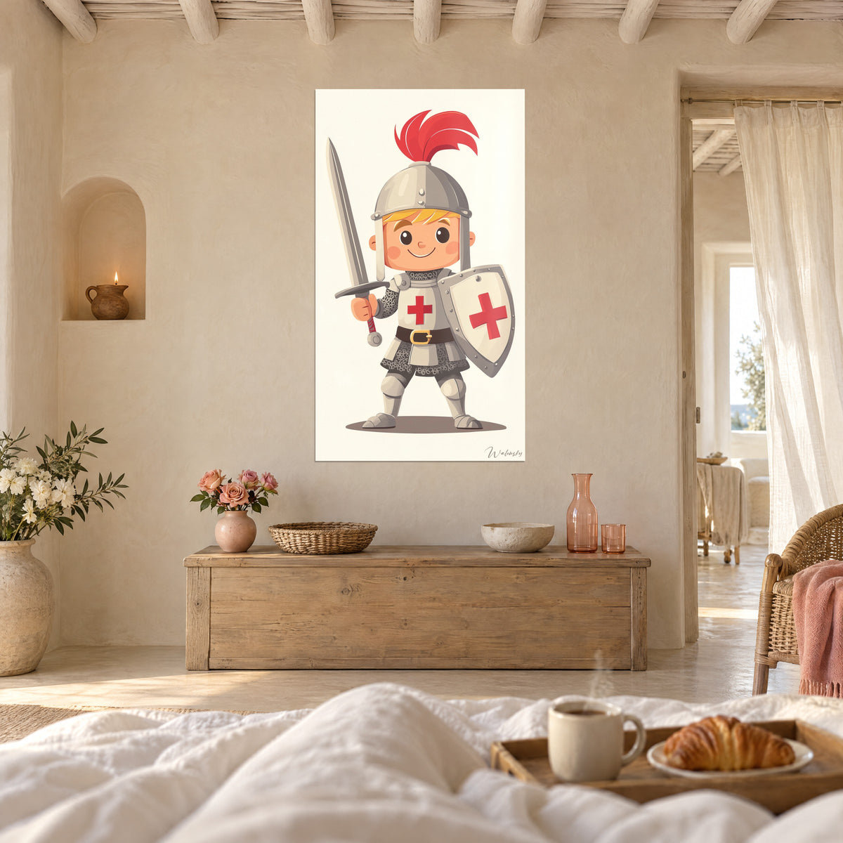Quadro di un bambino cavaliere sorridente, cotta di maglia grigia e piuma rosso vivo, guance rosate, appeso sopra un letto in una camera luminosa