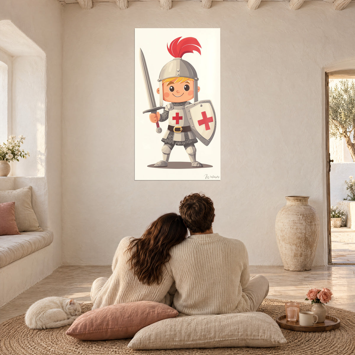 Quadro di un crociato in miniatura in armatura grigia, croce rossa sul petto, spada alzata, sfondo color crema, coppia di spalle e un gatto sui cuscini