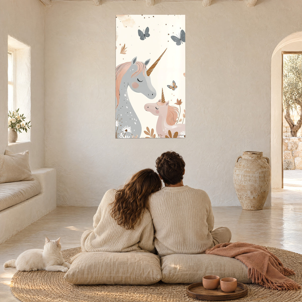 Cuadro escena tierna de dos unicornios de cuernos dorados, rosa y gris perla, frente a una pareja y un gato blanco sobre un cojín en el suelo