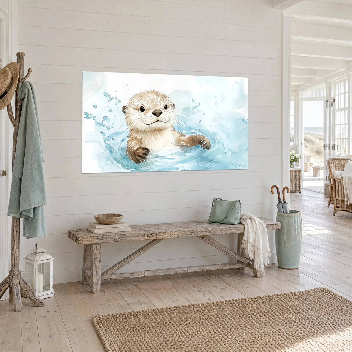 Wall art of a small smiling river otter with white whiskers, turquoise splashes and sandy fur, hung in a seaside home