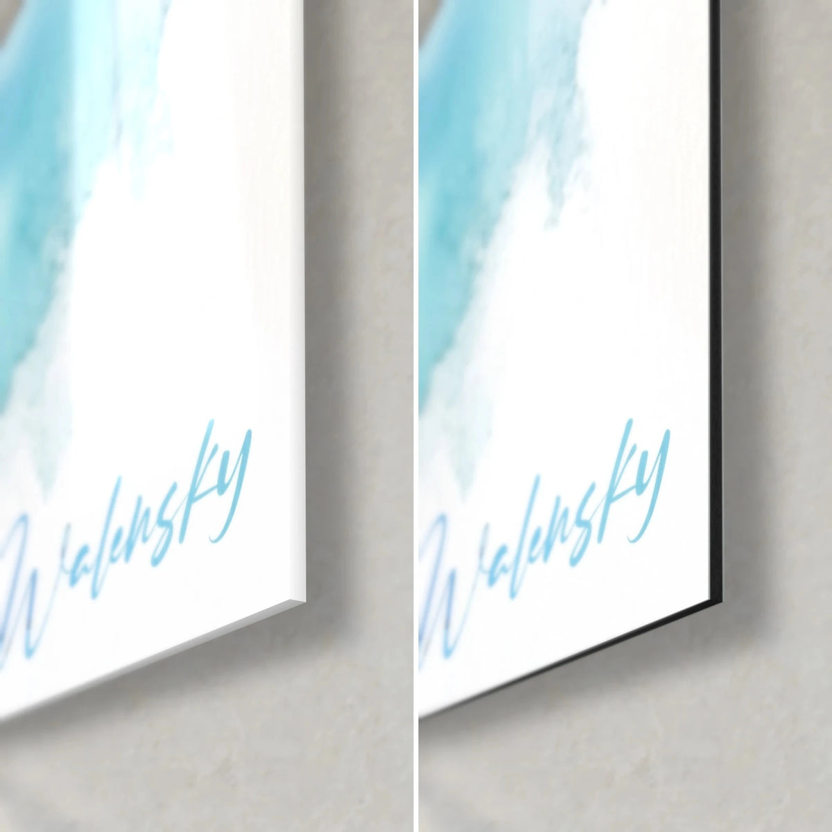 Aquarel walvisschilderij in kobaltblauw, rechtsonder: glanzend acrylglas links, mat zwart Dibond rechts, turquoise handtekening