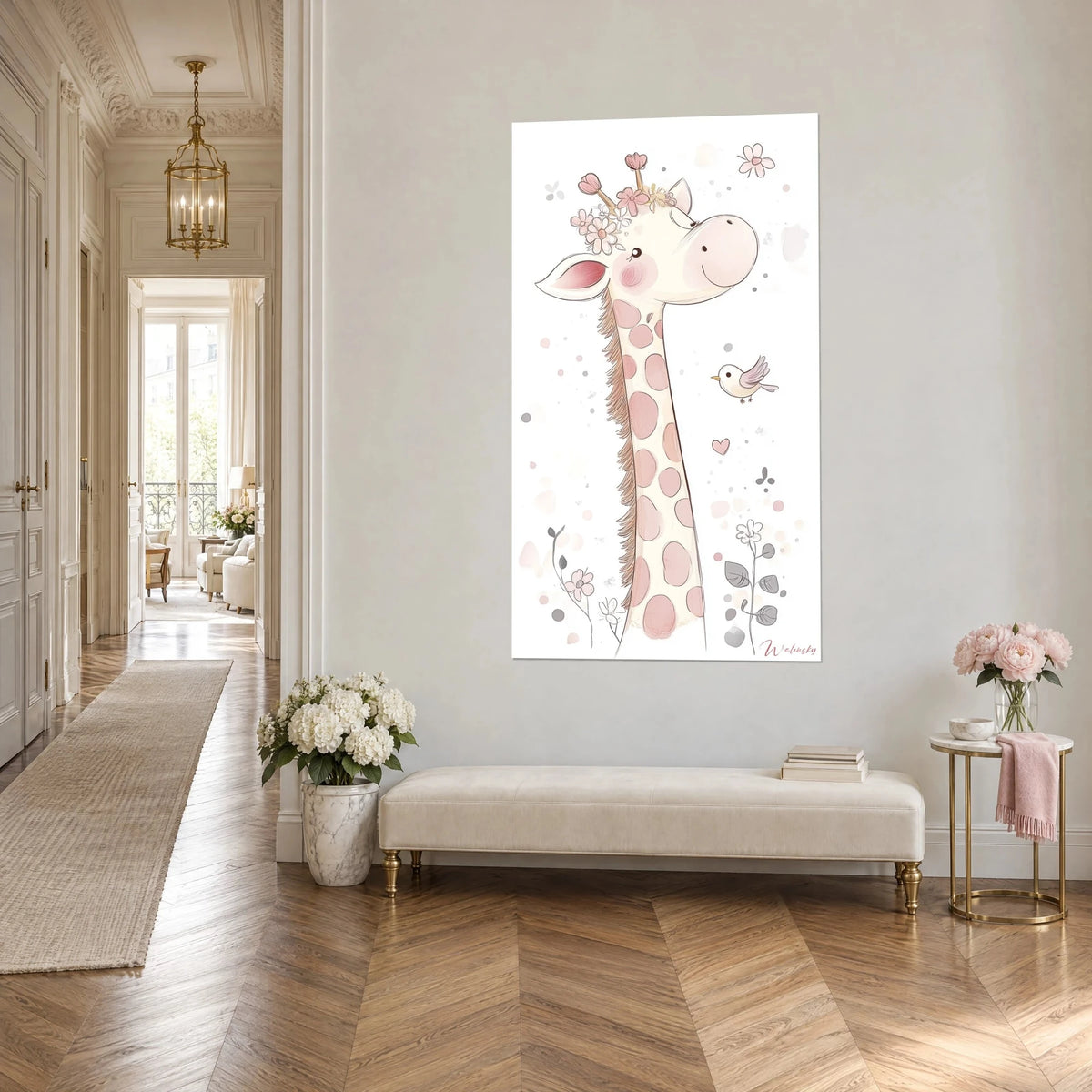 Wall art of a long giraffe neck with rosy spots, tender smile and blush cheeks on a white background, three-quarter view in a Haussmann-style hallway