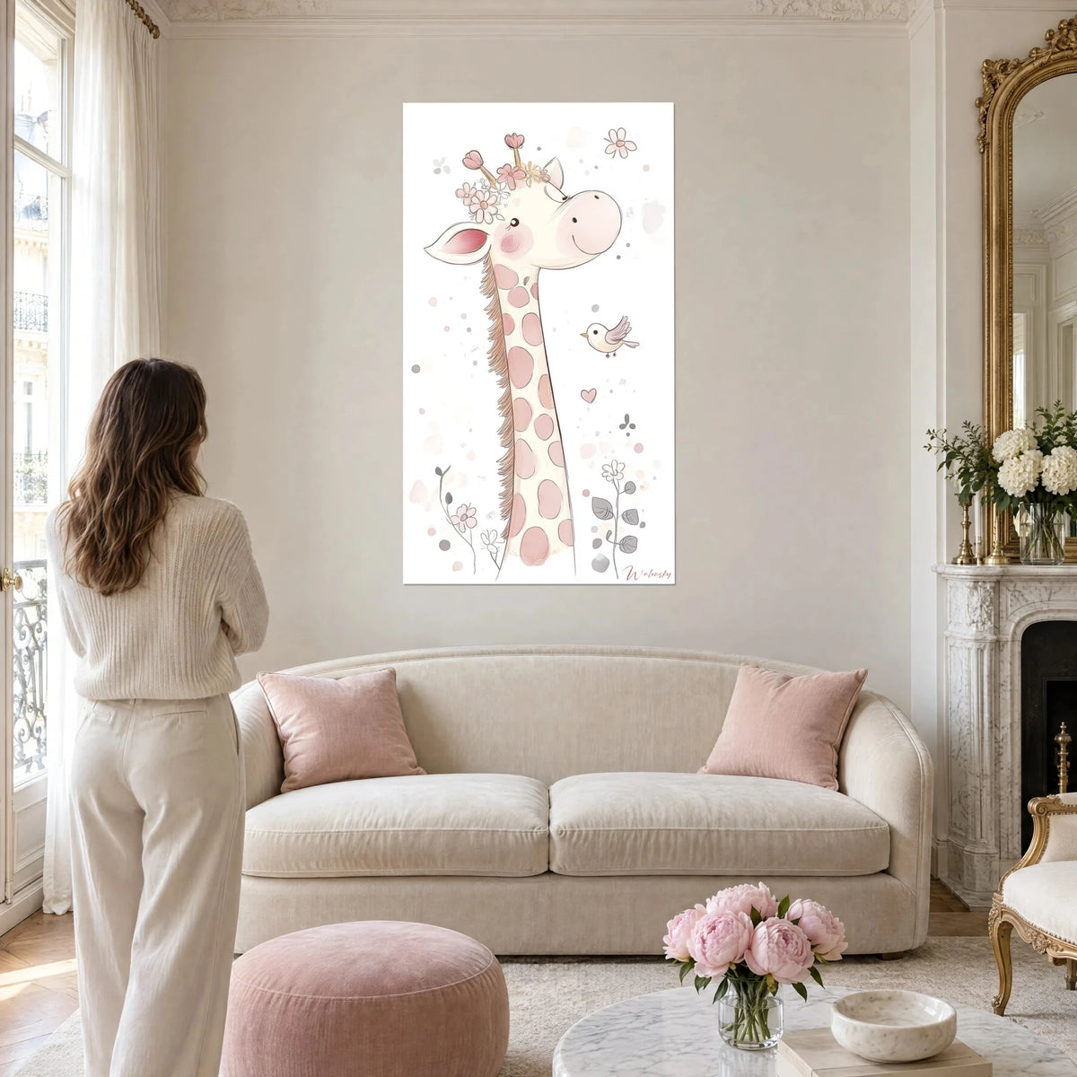 Wall art of a powder-pink giraffe crowned with flowers, spotted neck, cream bird in flight, woman seen from behind, above a sofa in a bright living room