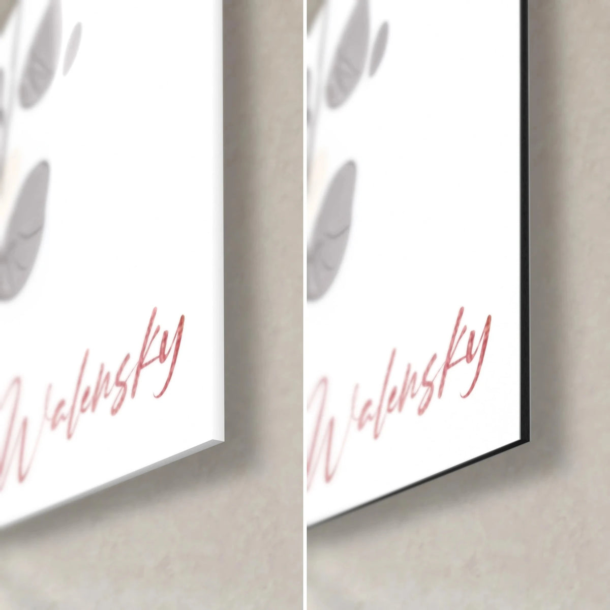 Wall art of a giraffe with pink flowers, bottom right corner: red Walensky signature, glossy glass on the left, matte black Dibond aluminum on the right