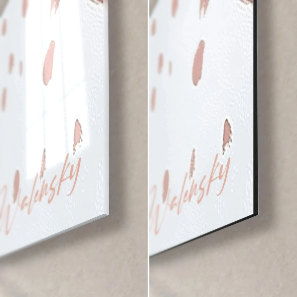 Gemälde weiße Einhörner, untere rechte Ecke aus glänzendem Glas und mattem schwarzem Dibond, rosa Walensky-Signatur, 3 mm Kante