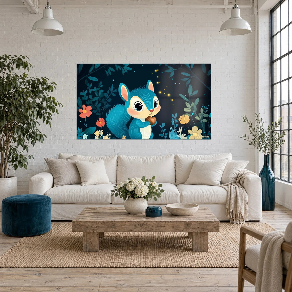 Gemälde eines türkisblauen Eichhörnchens, eine Eichel umklammernd, korallenfarbene Blumen auf nachtdunklem Grund, über einem Sofa in einem hellen Wohnzimmer