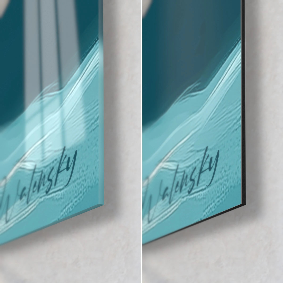 Obraz biały królik w łódce, prawy dolny róg: sygnatura Walensky na turkusowych falach, błyszczące szkło akrylowe po lewej, matowy Dibond po prawej